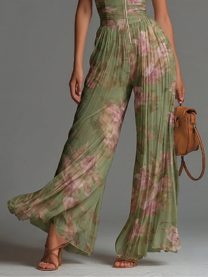 Beia - Green Floral Pleated Wide-Leg Chiffon Jumpsuit
