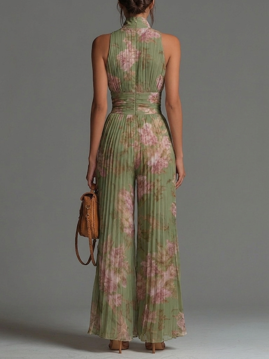 Beia - Green Floral Pleated Wide-Leg Chiffon Jumpsuit
