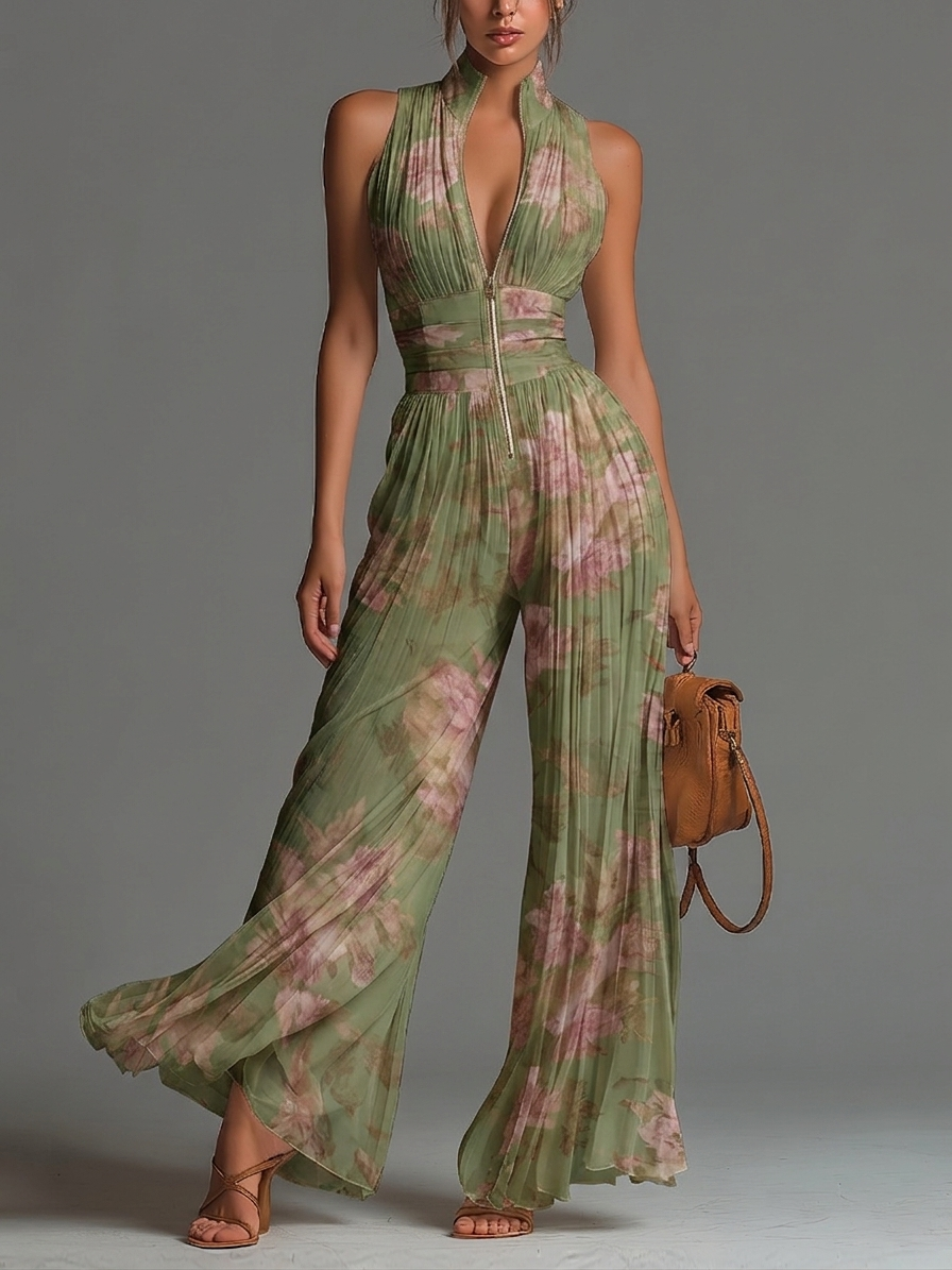 Beia - Green Floral Pleated Wide-Leg Chiffon Jumpsuit