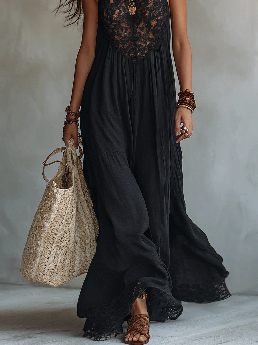 Jennie - Bohemian Black Sleeveless Lace-Trimmed Maxi Dress