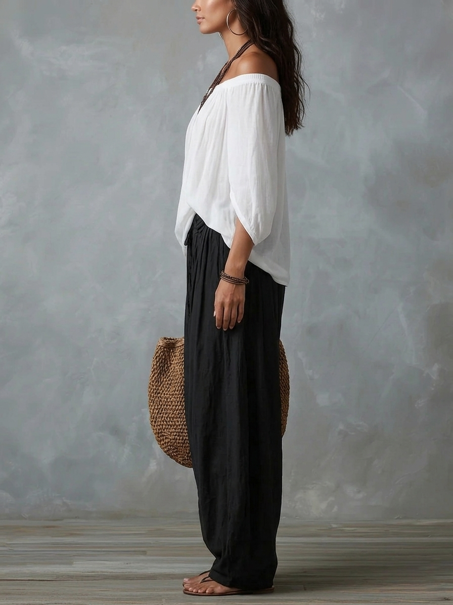 Jela - White Off-Shoulder Top and Loose-Fitting Pants Set