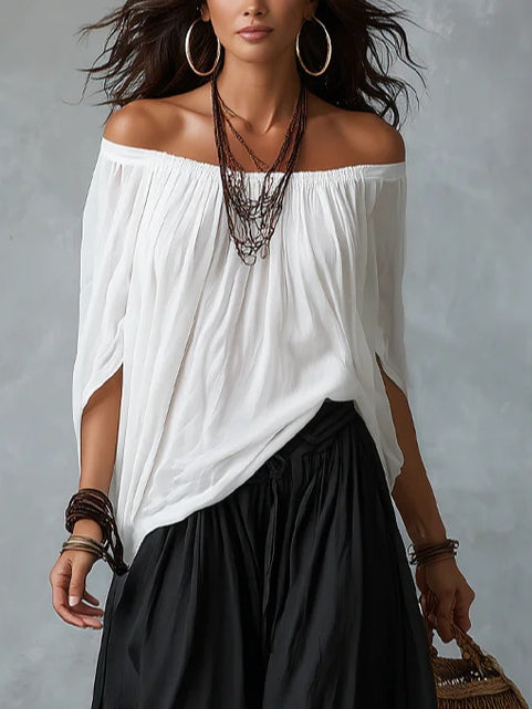 Jela - White Off-Shoulder Top and Loose-Fitting Pants Set