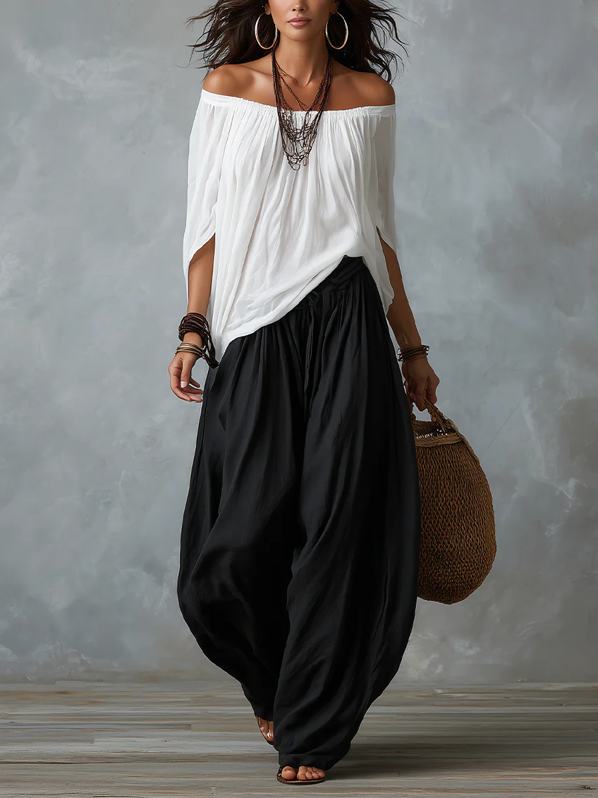 Jela - White Off-Shoulder Top and Loose-Fitting Pants Set