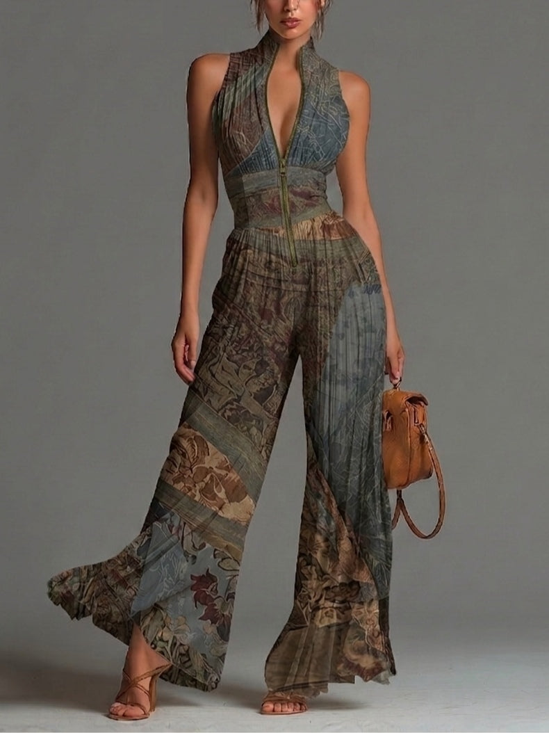 Joyce - Bohemian Ethnic Print Pleated Wide-Leg Chiffon Jumpsuit