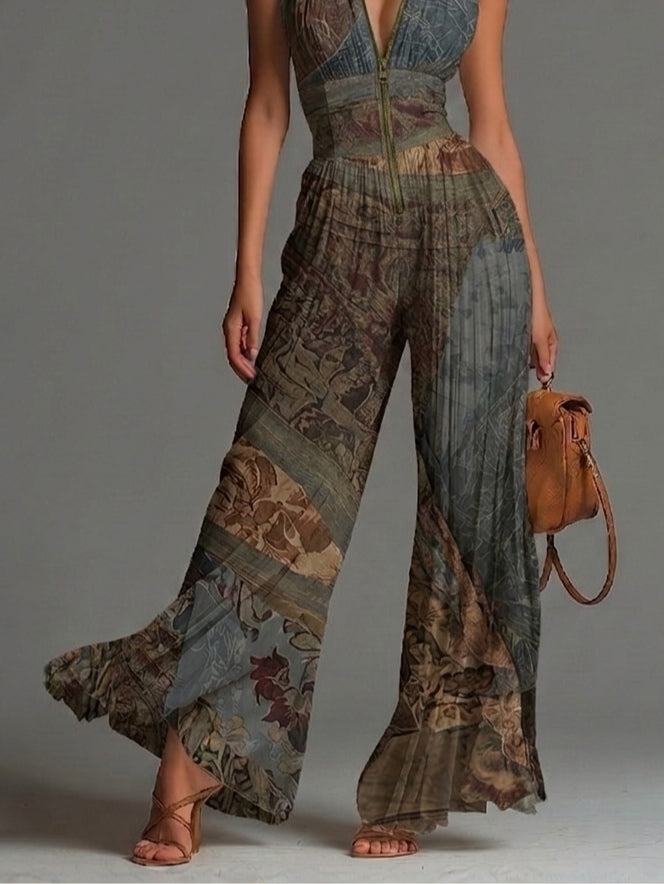 Joyce - Bohemian Ethnic Print Pleated Wide-Leg Chiffon Jumpsuit