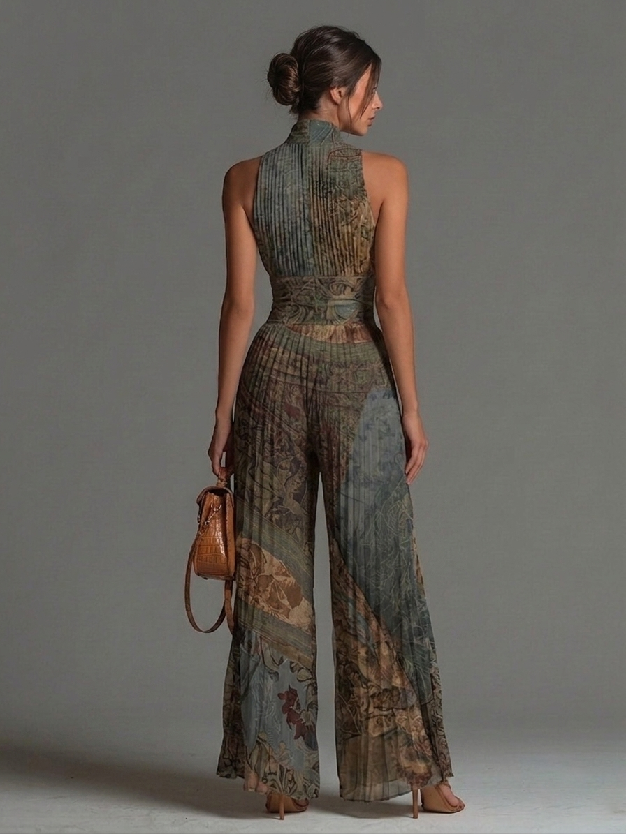 Joyce - Bohemian Ethnic Print Pleated Wide-Leg Chiffon Jumpsuit