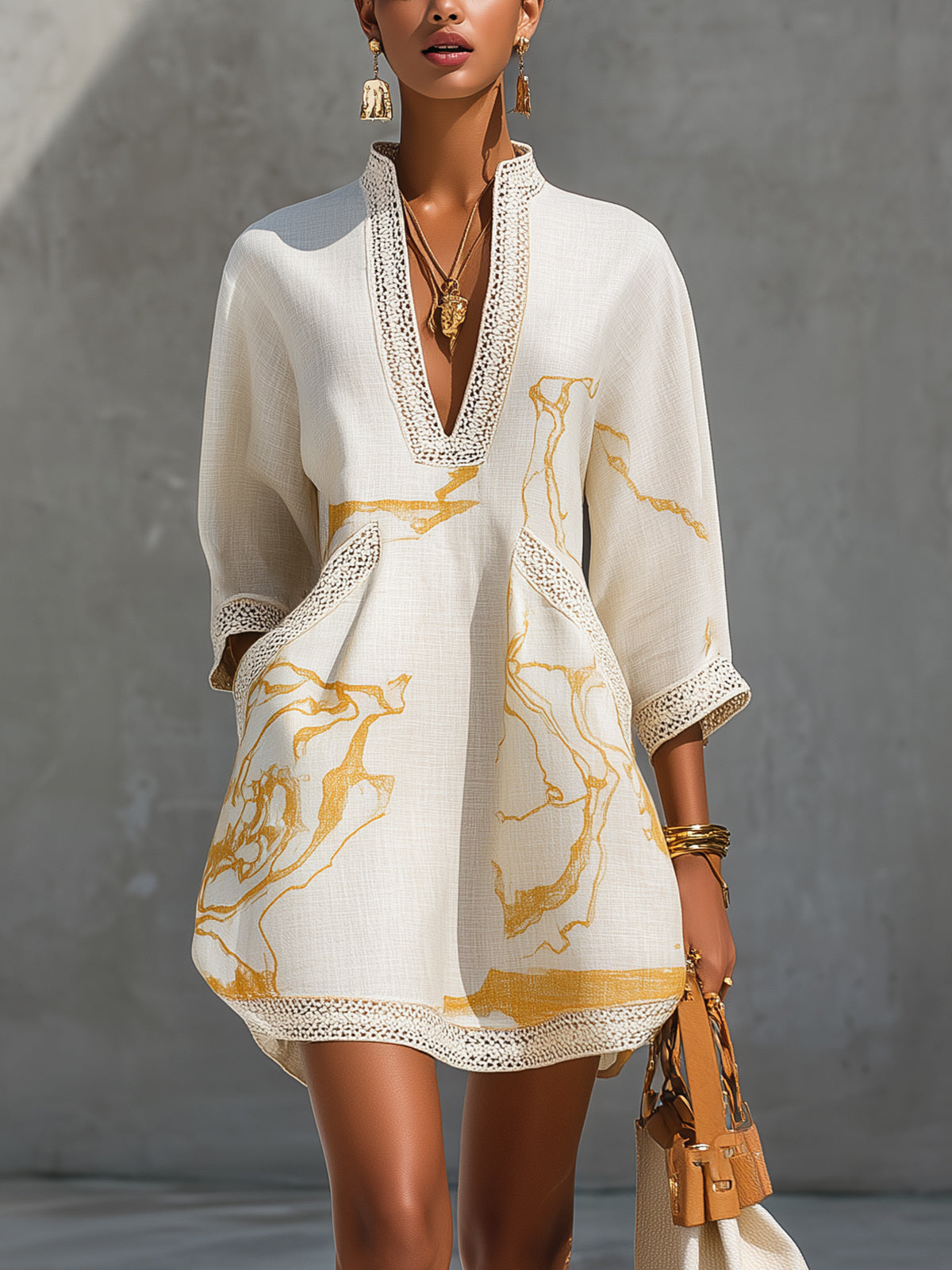 Rita - Ivory & Gold Printed Crochet Lace V-Neck Mini Dress