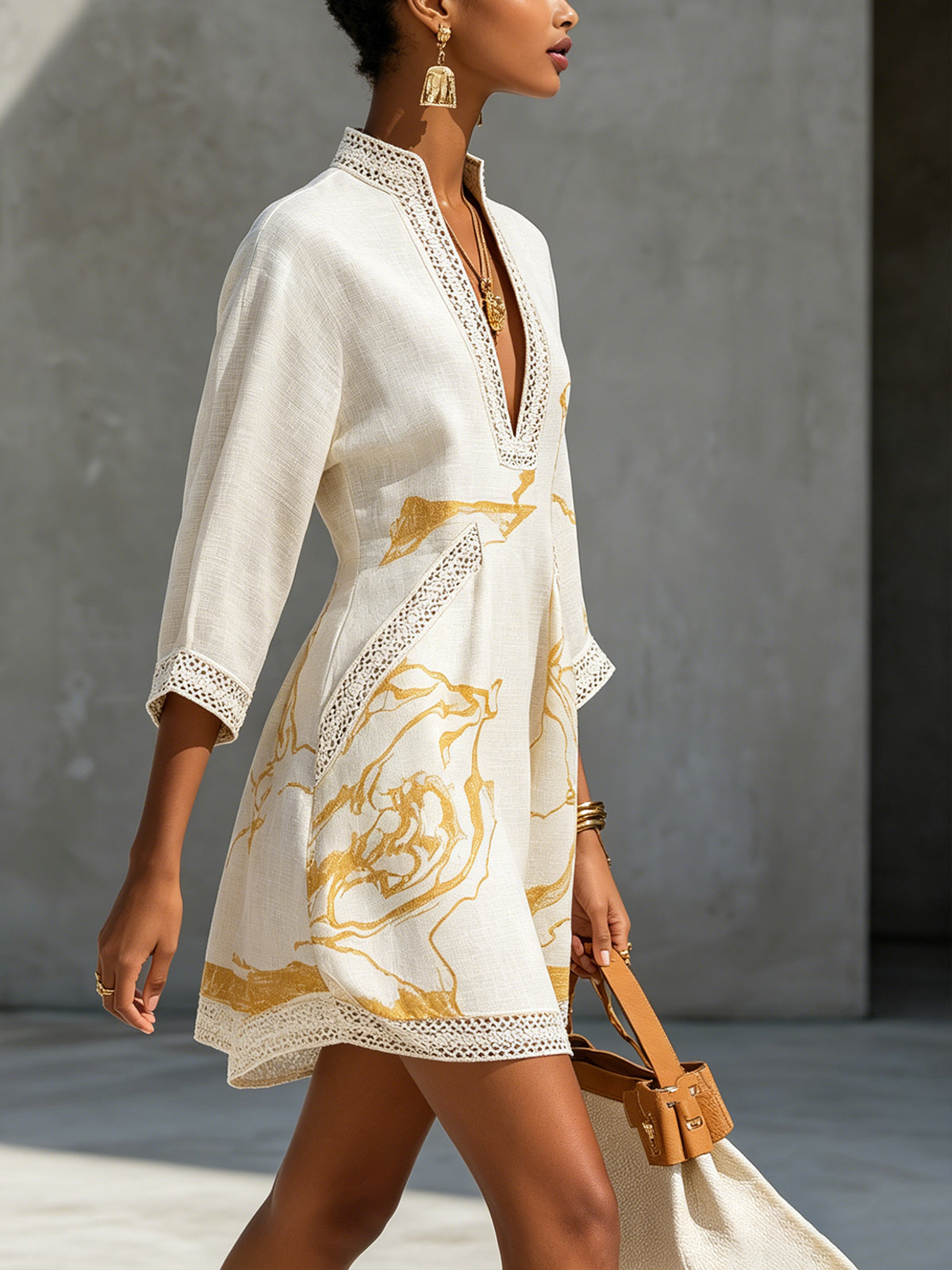 Rita - Ivory & Gold Printed Crochet Lace V-Neck Mini Dress