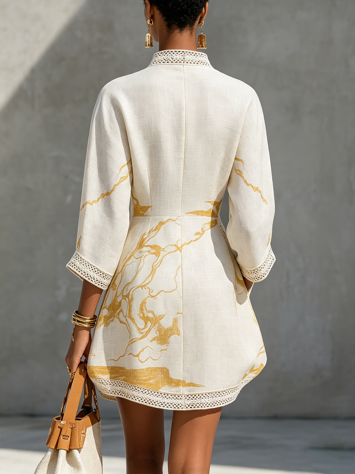 Rita - Ivory & Gold Printed Crochet Lace V-Neck Mini Dress