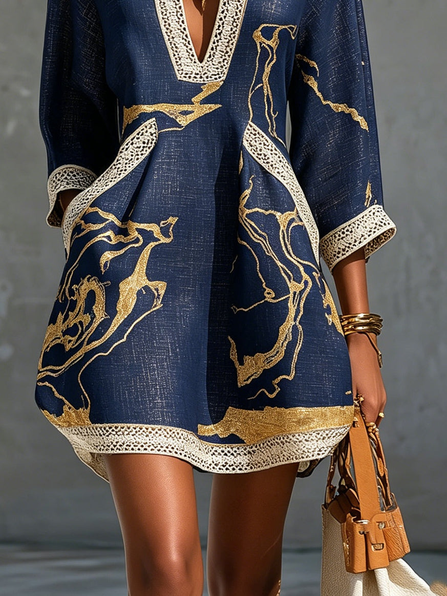 Winny - Navy & Gold Printed Crochet Lace V-Neck Mini Dress