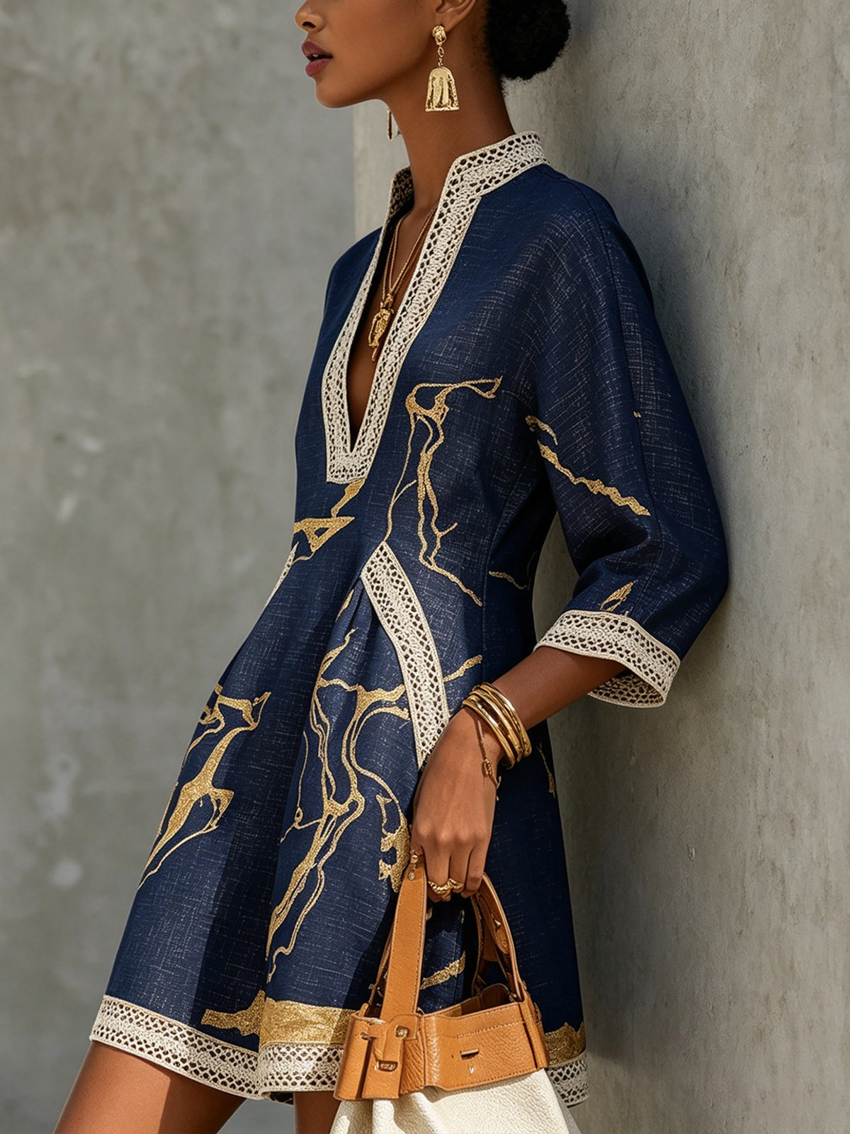 Winny - Navy & Gold Printed Crochet Lace V-Neck Mini Dress
