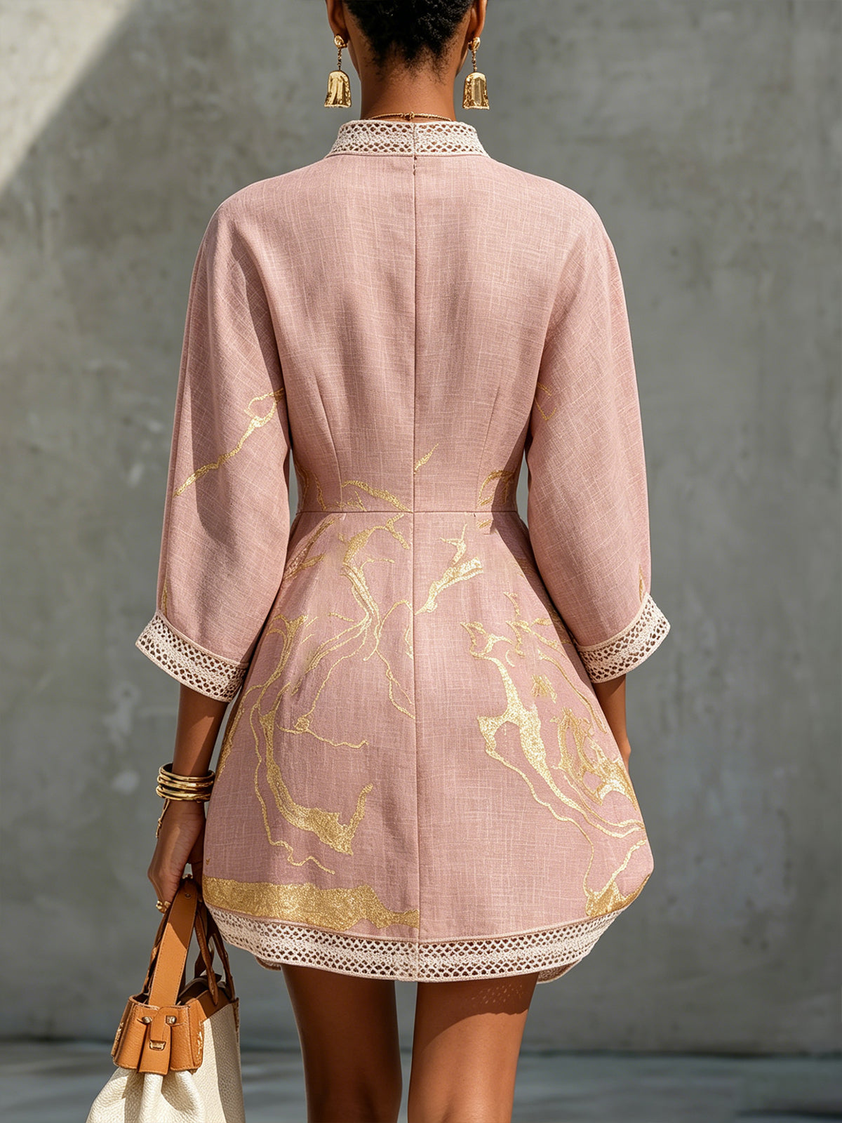 Rosie - Rose Pink & Gold Printed Crochet Lace V-Neck Mini Dress