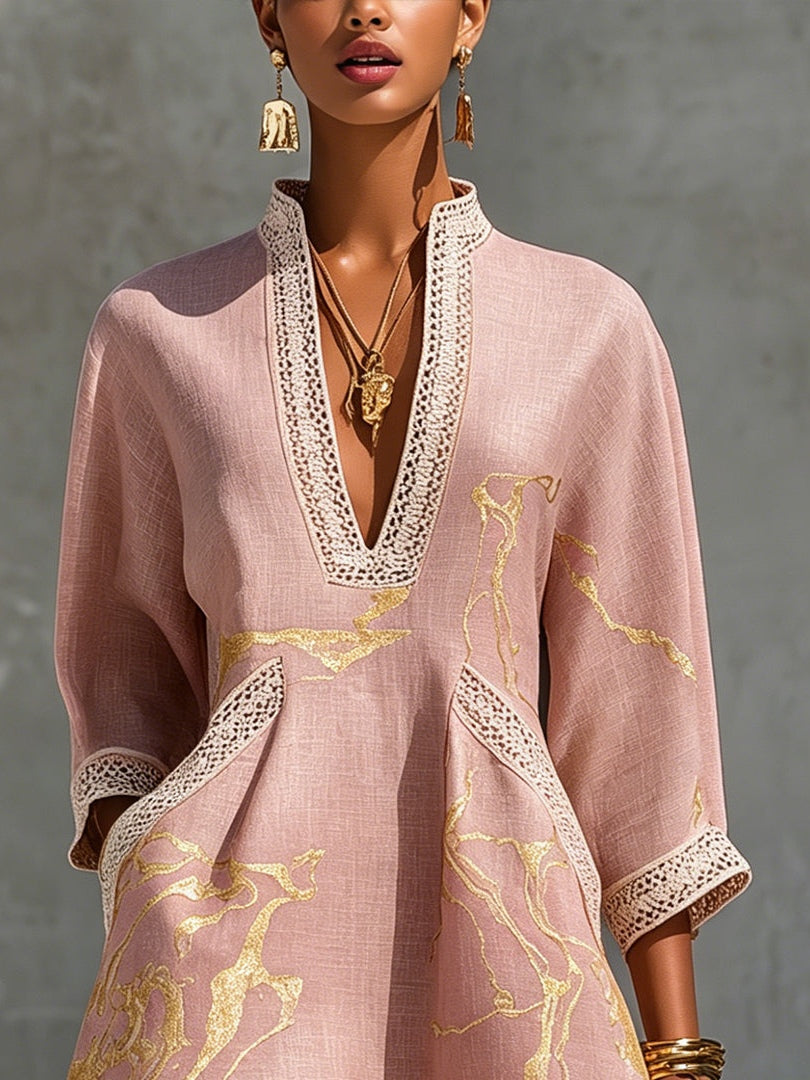 Rosie - Rose Pink & Gold Printed Crochet Lace V-Neck Mini Dress