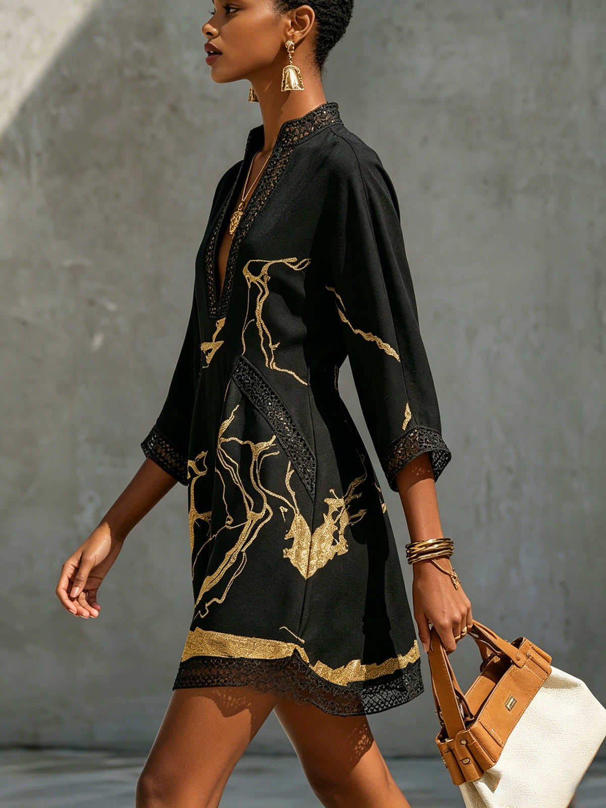 Sarra - Black & Gold Printed Crochet Lace V-Neck Mini Dress