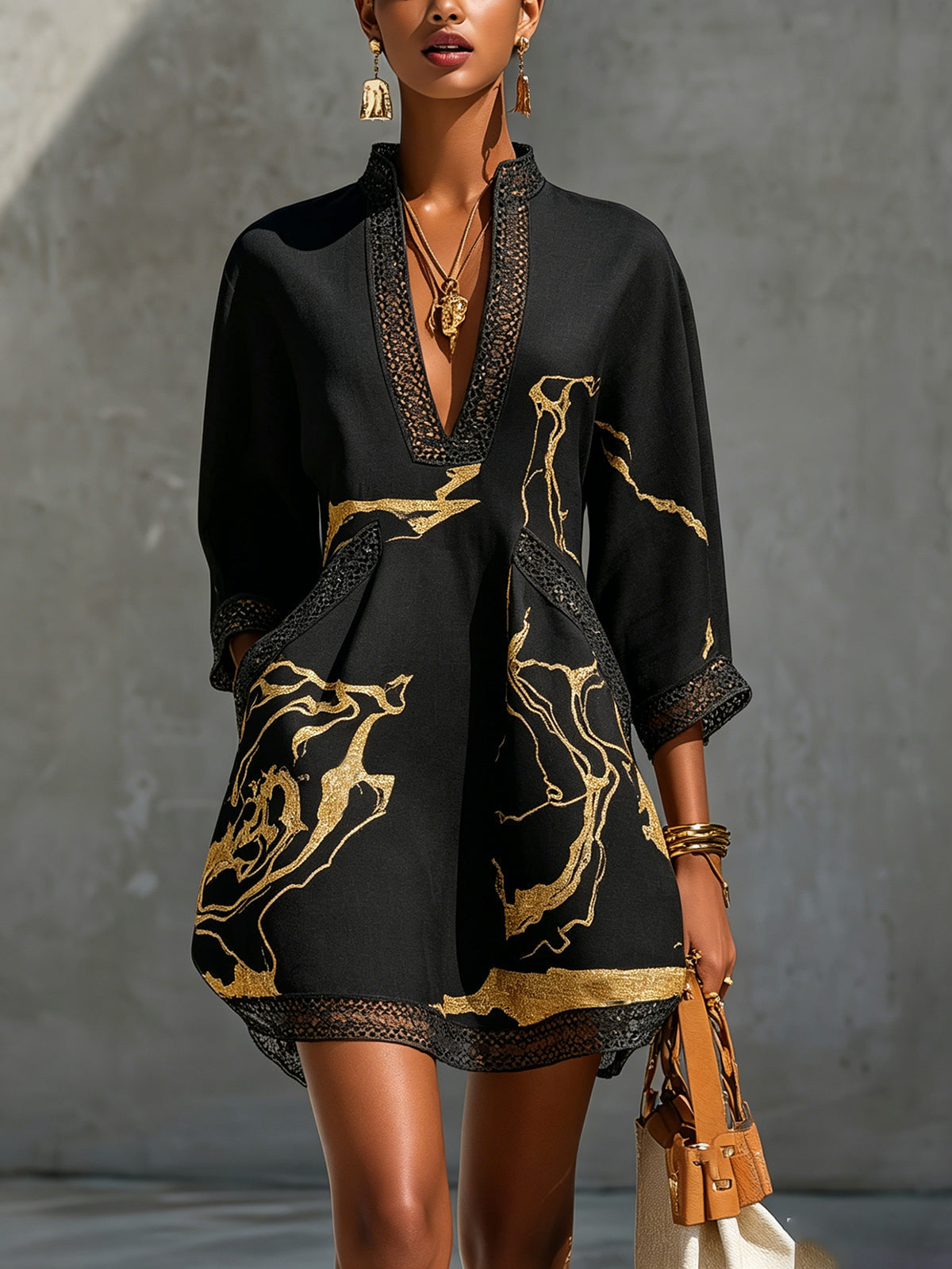 Sarra - Black & Gold Printed Crochet Lace V-Neck Mini Dress
