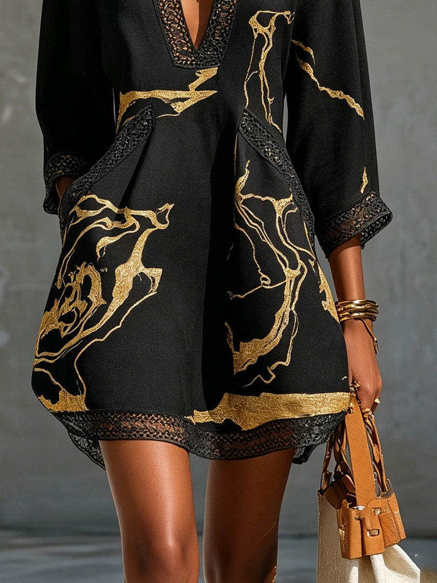 Sarra - Black & Gold Printed Crochet Lace V-Neck Mini Dress