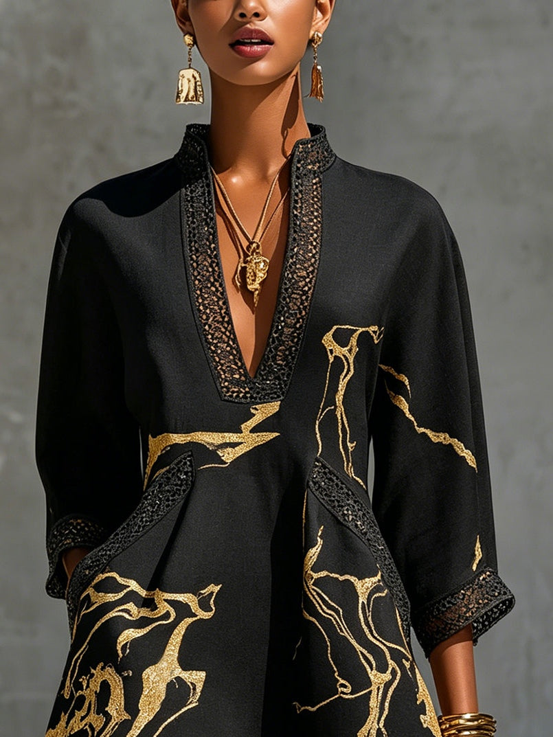 Sarra - Black & Gold Printed Crochet Lace V-Neck Mini Dress