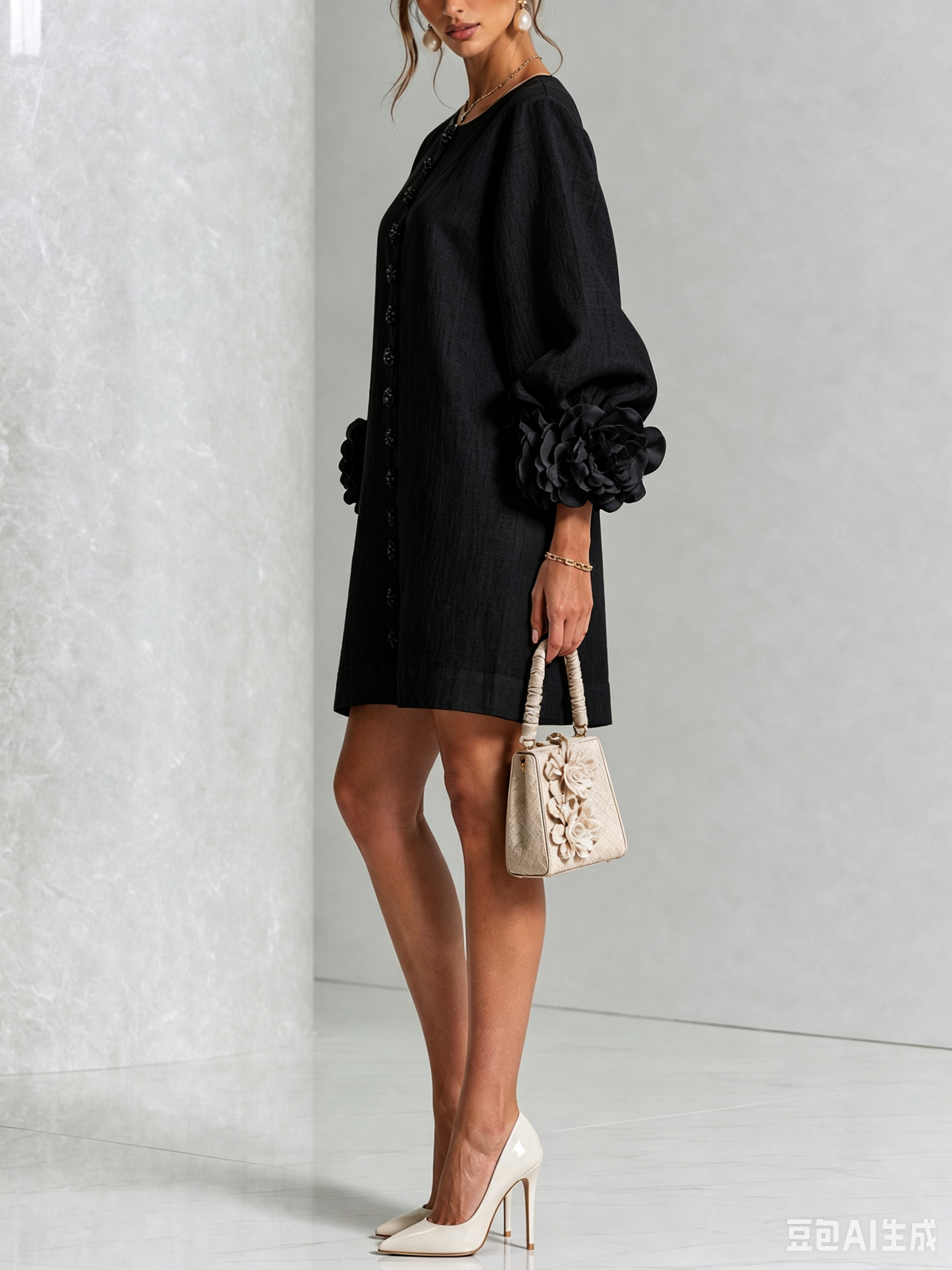 Feliza - White Mini Dress with Floral Buttons & Statement Sleeves