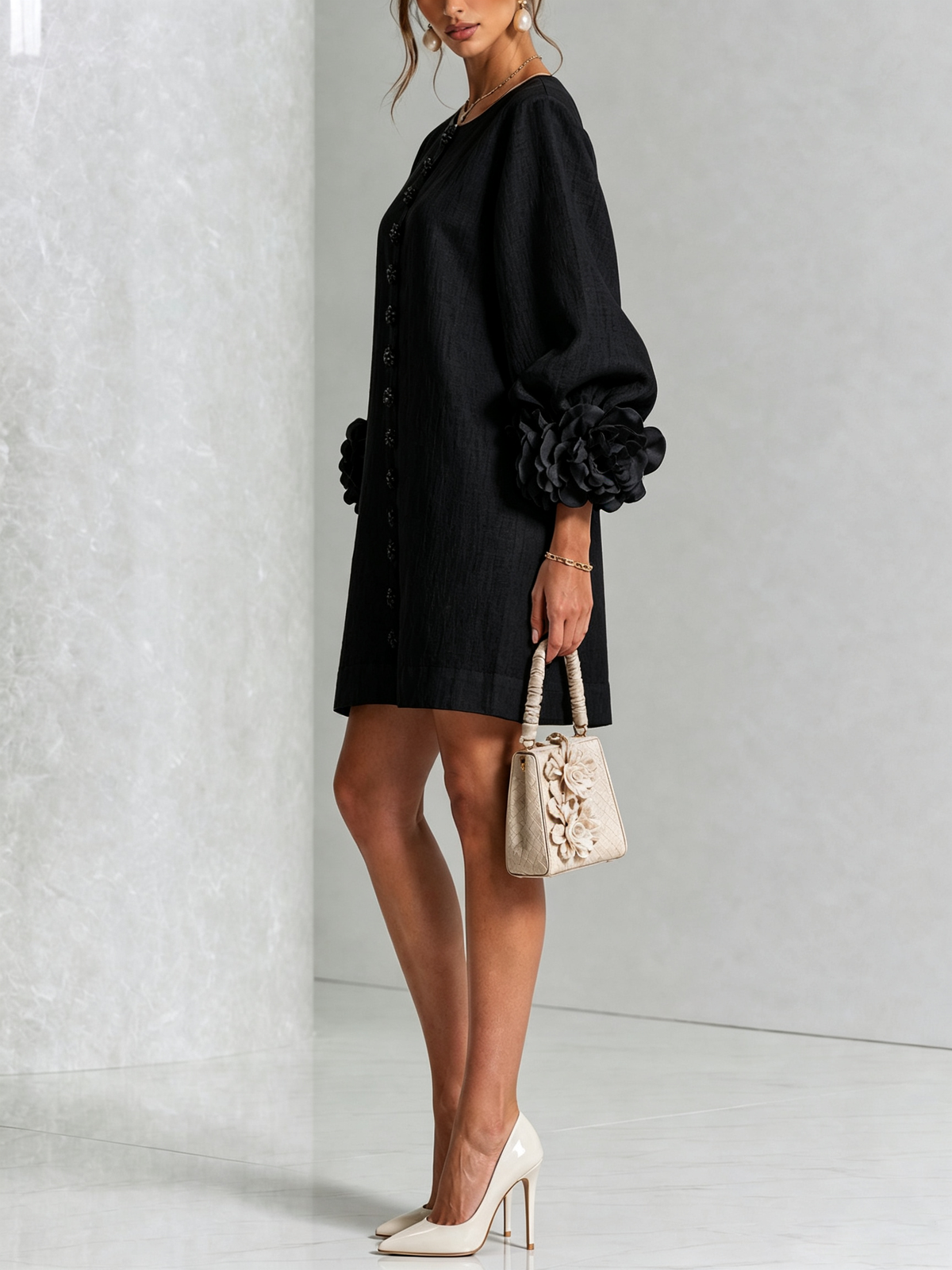 Amber – Black Linen Blend Mini Dress with Rose Cuffs