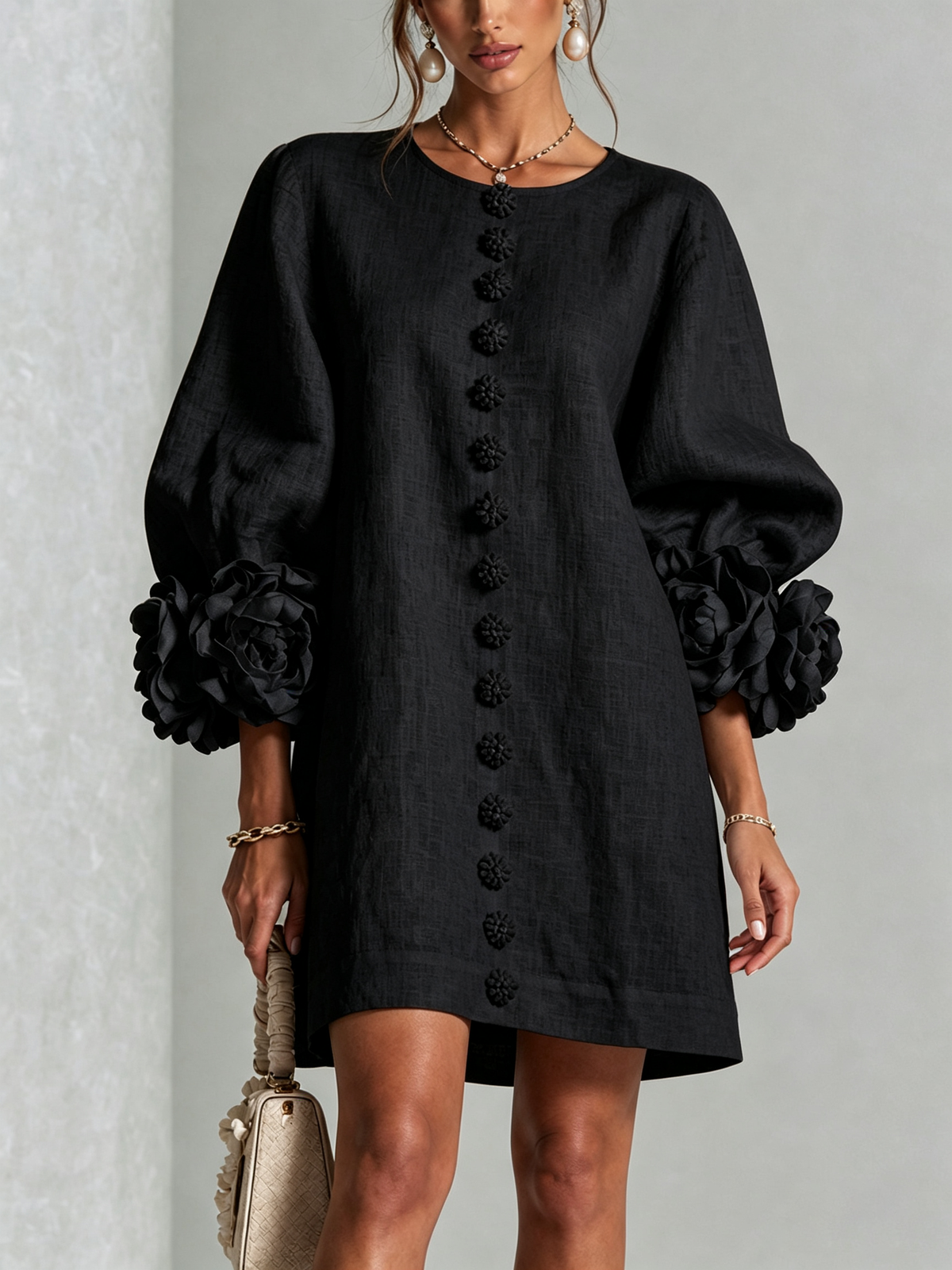 Amber – Black Linen Blend Mini Dress with Rose Cuffs