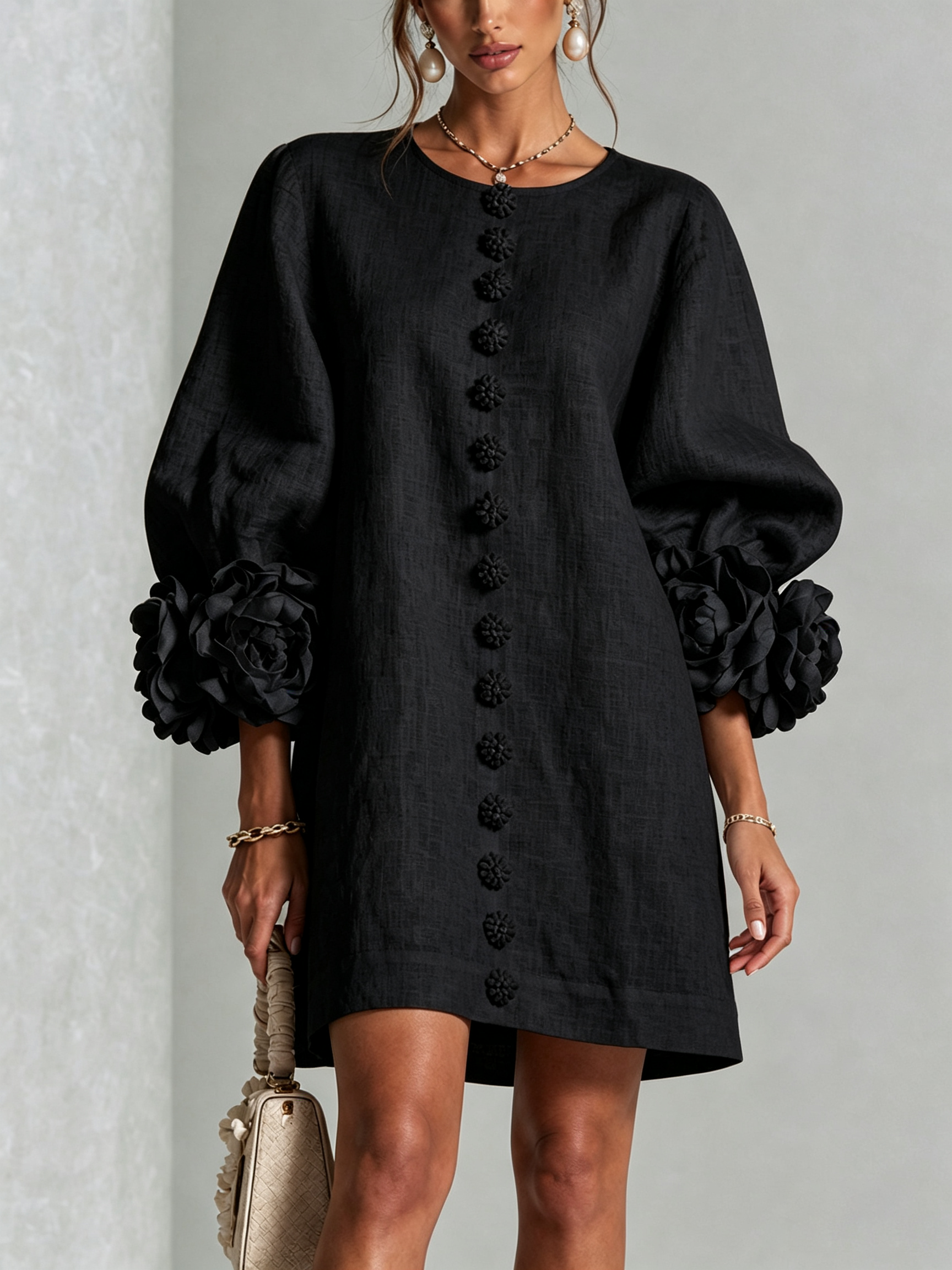 Feliza - White Mini Dress with Floral Buttons & Statement Sleeves