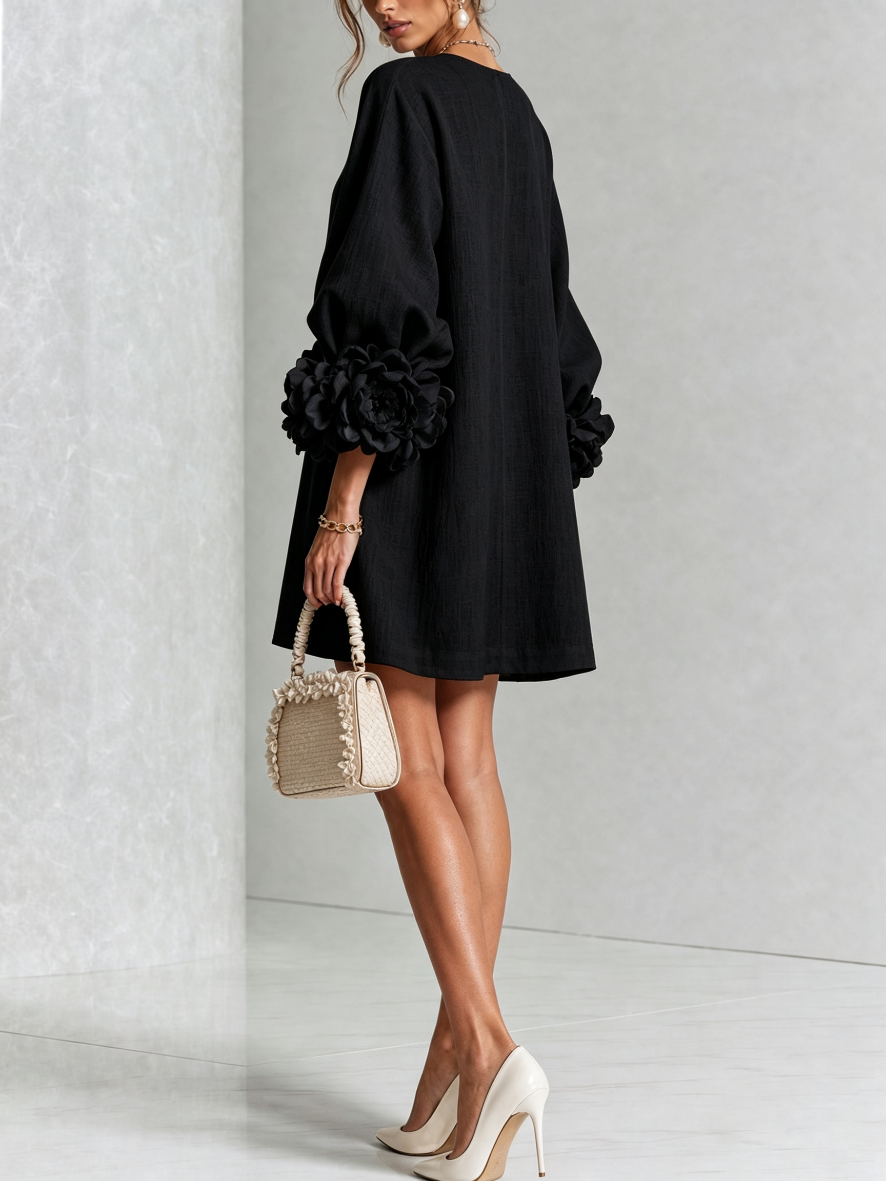 Feliza - White Mini Dress with Floral Buttons & Statement Sleeves