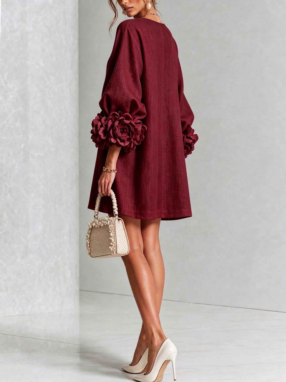 Alaina – Burgundy Linen Blend Mini Dress with Rose Cuffs