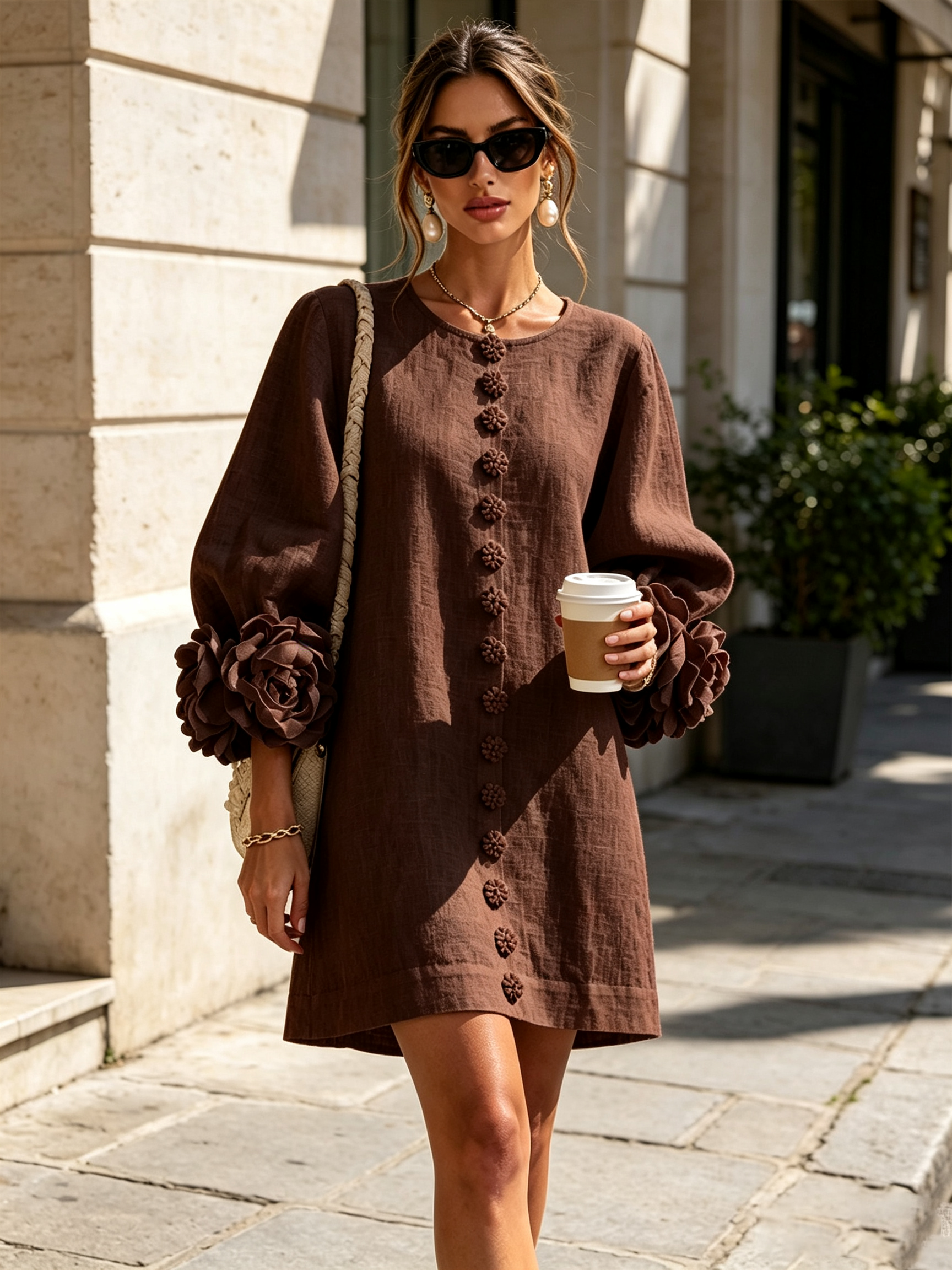 Feliza - White Mini Dress with Floral Buttons & Statement Sleeves