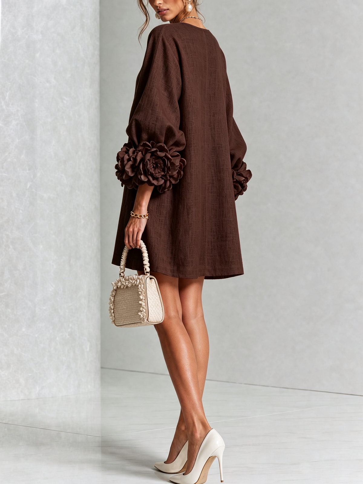 Victoria – Chocolate Brown Linen Blend Mini Dress with Rose Cuffs