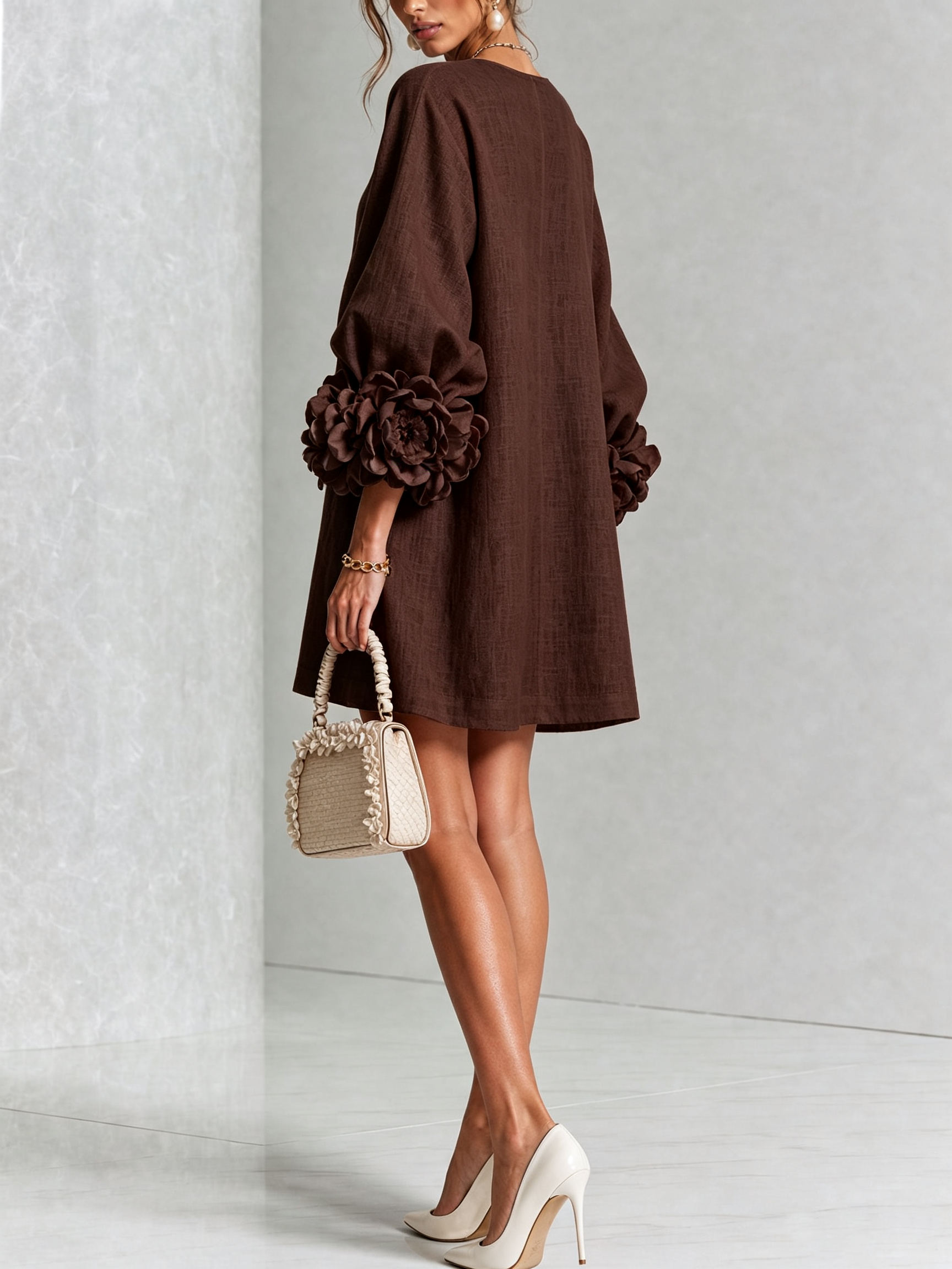 Feliza - White Mini Dress with Floral Buttons & Statement Sleeves