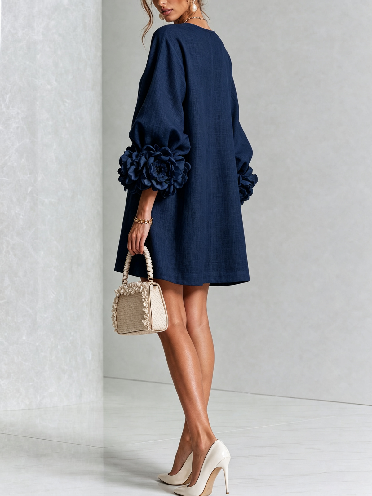 Sylvia – Navy Linen Blend Mini Dress with Rose Cuffs