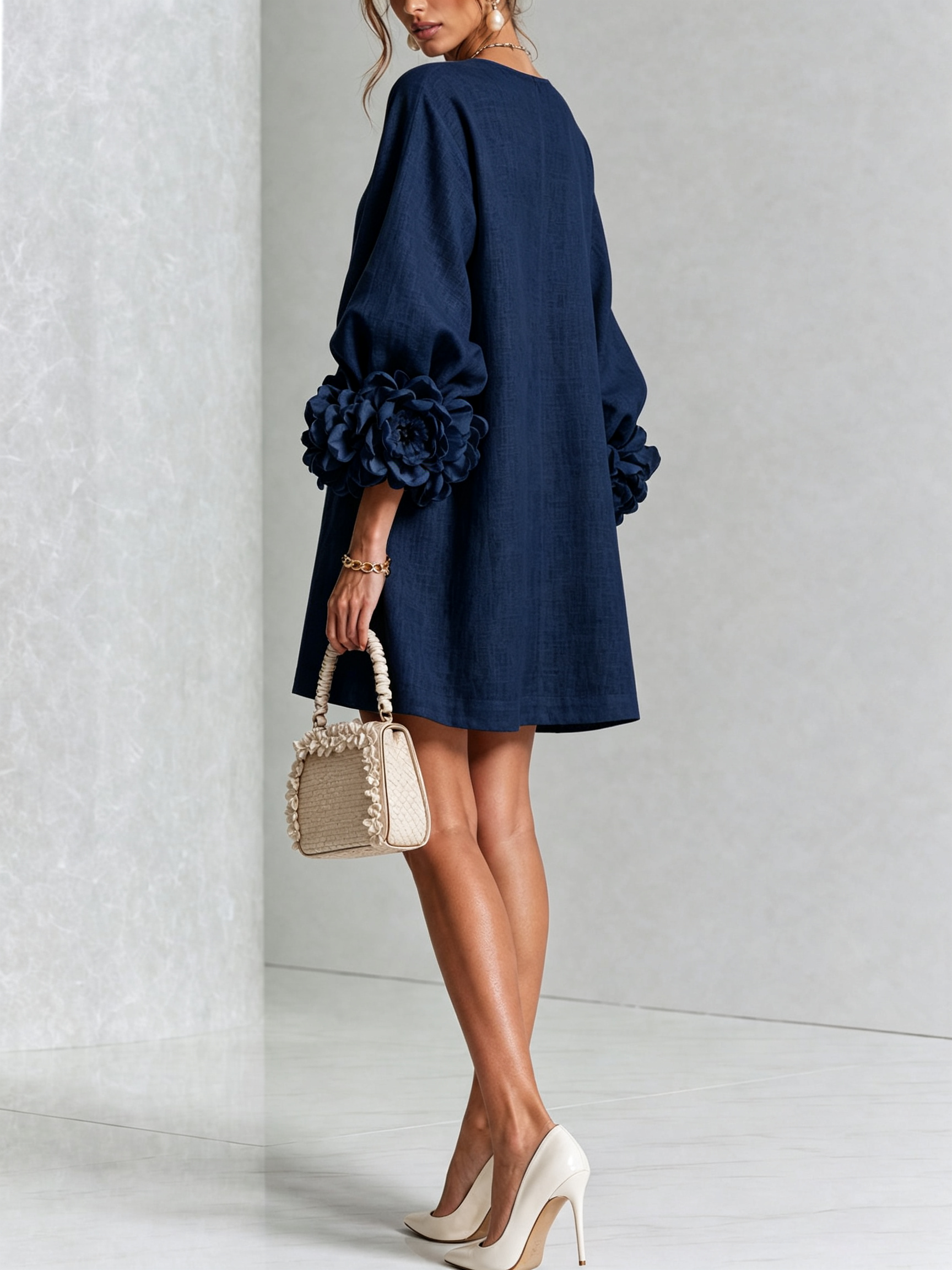 Feliza - White Mini Dress with Floral Buttons & Statement Sleeves