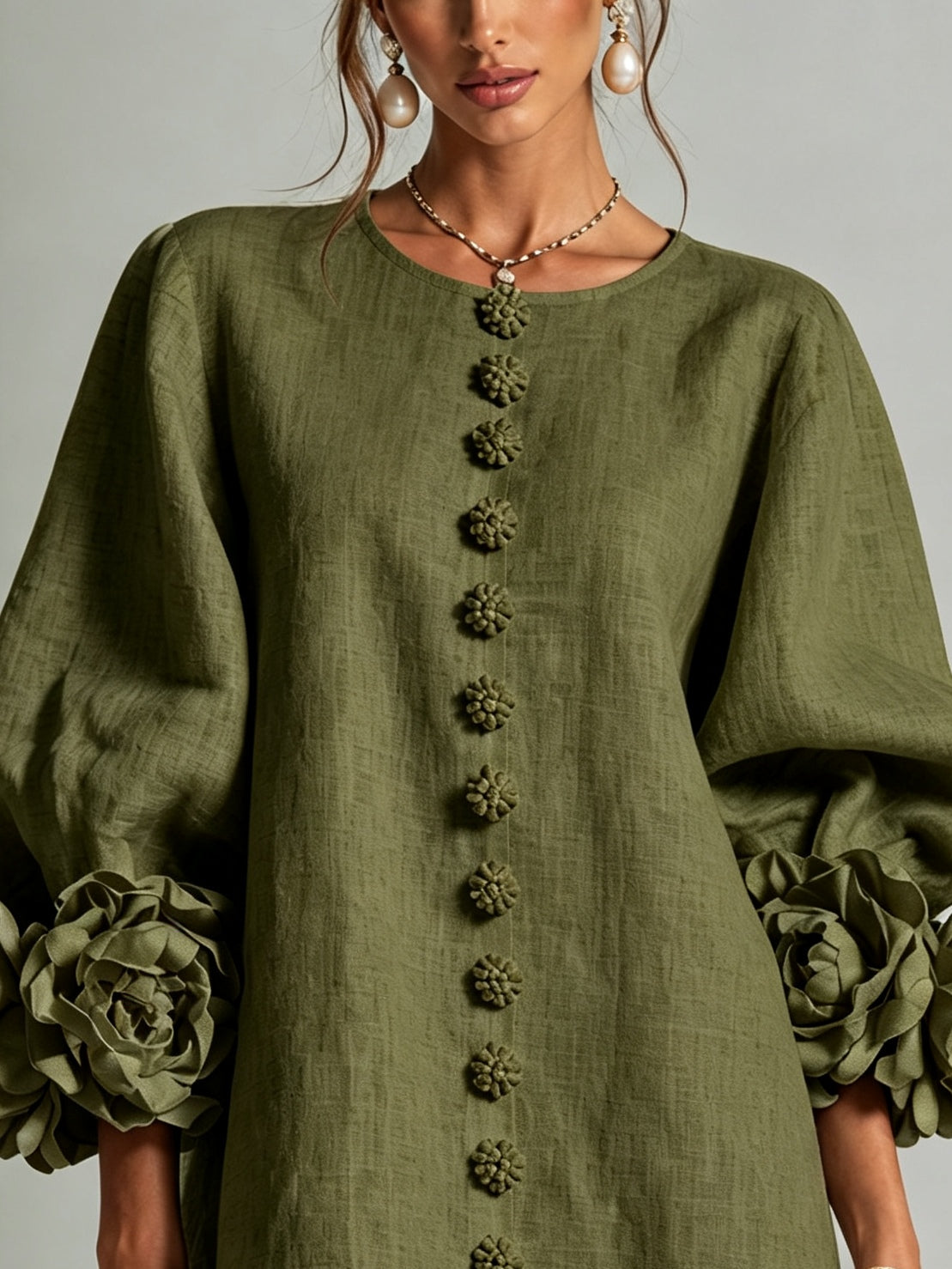 Fatima - Olive Floral Button-Down Mini Dress with Statement Sleeves