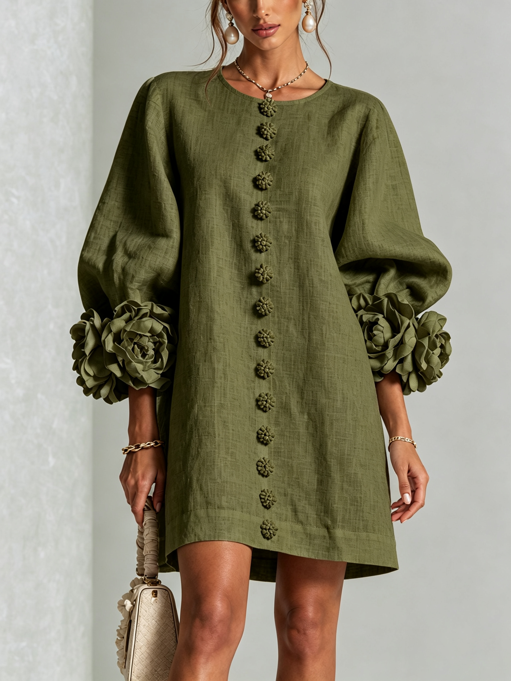 Fatima - Olive Floral Button-Down Mini Dress with Statement Sleeves