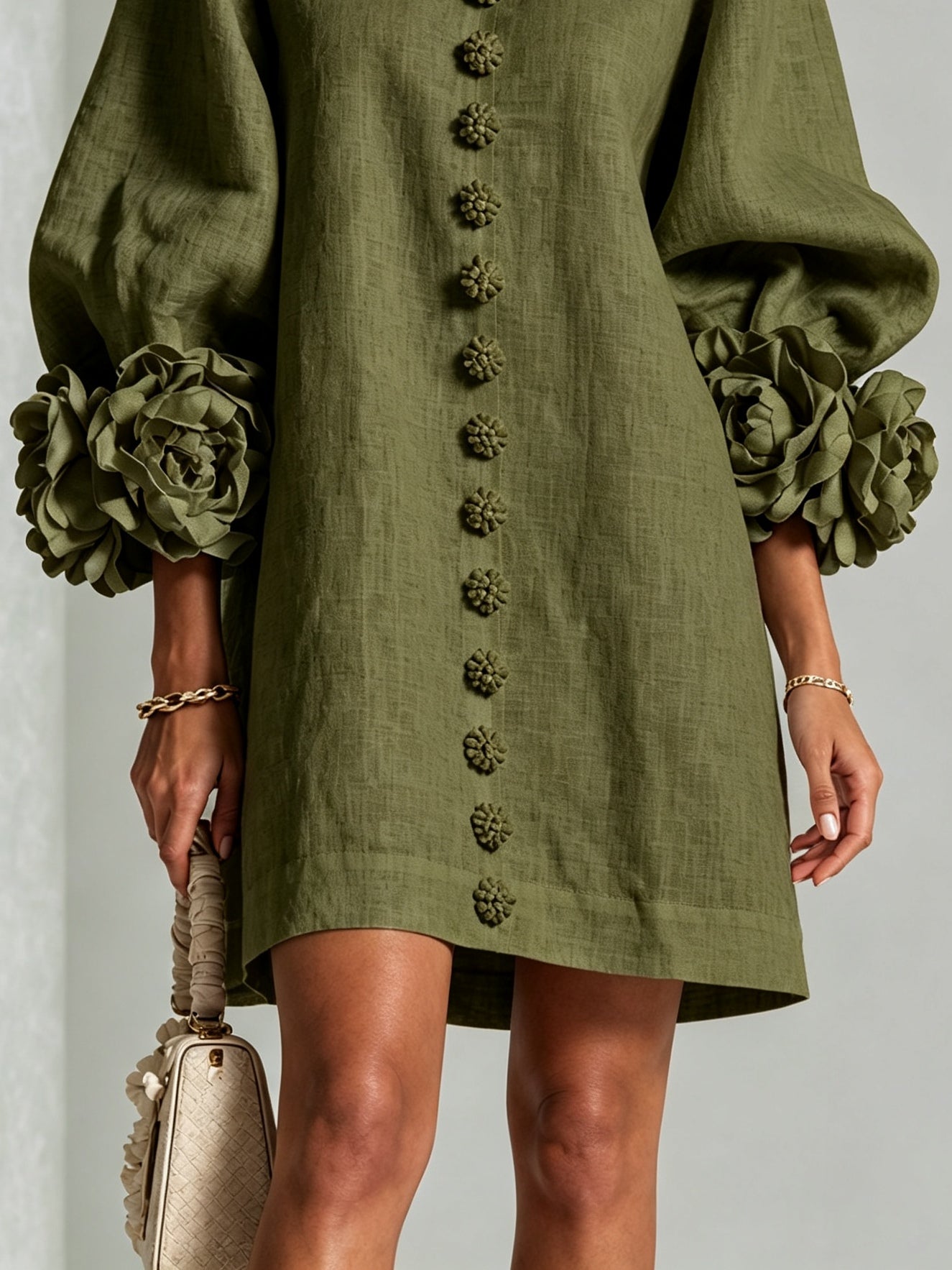 Fatima - Olive Floral Button-Down Mini Dress with Statement Sleeves