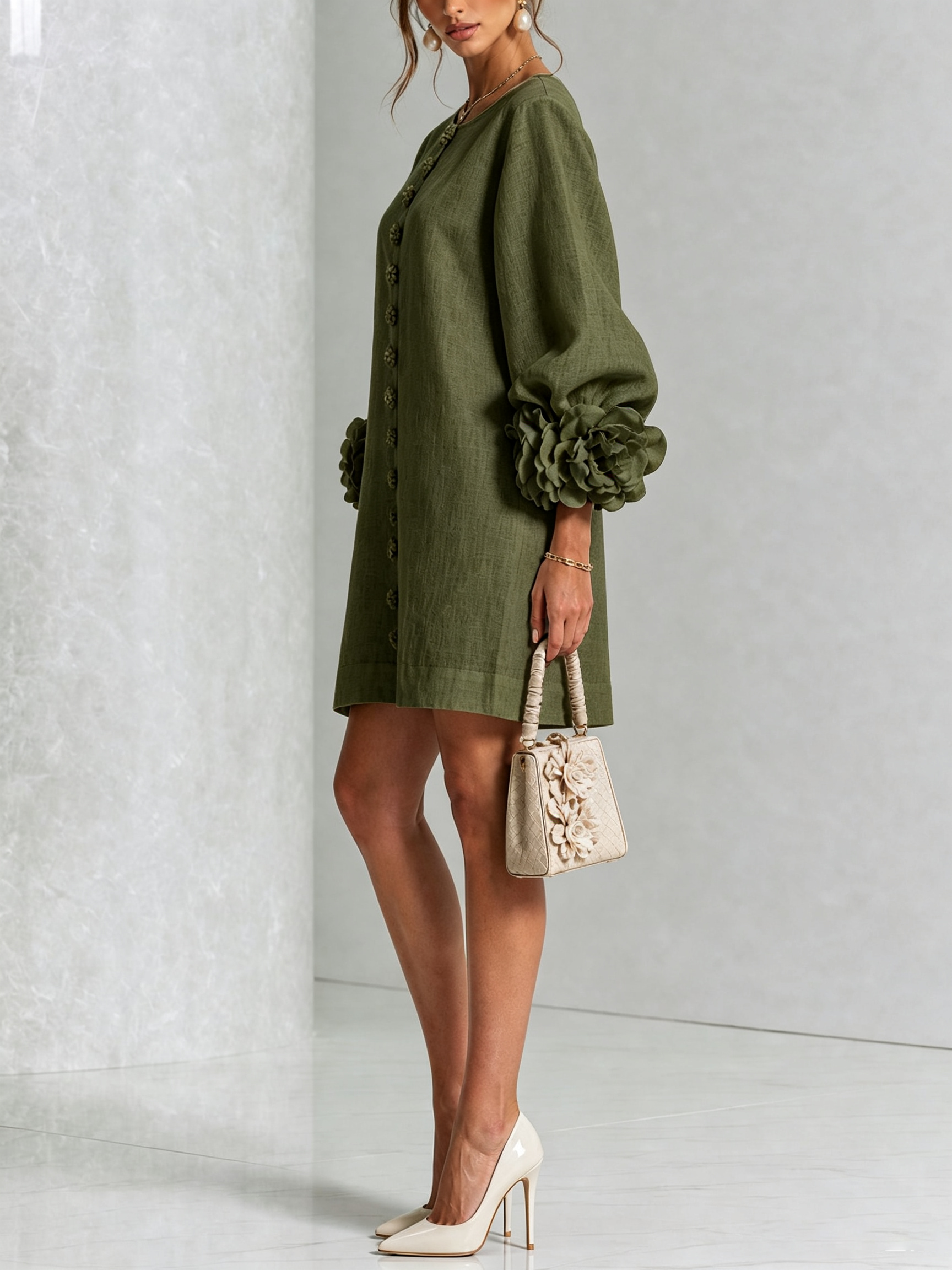 Fatima - Olive Floral Button-Down Mini Dress with Statement Sleeves