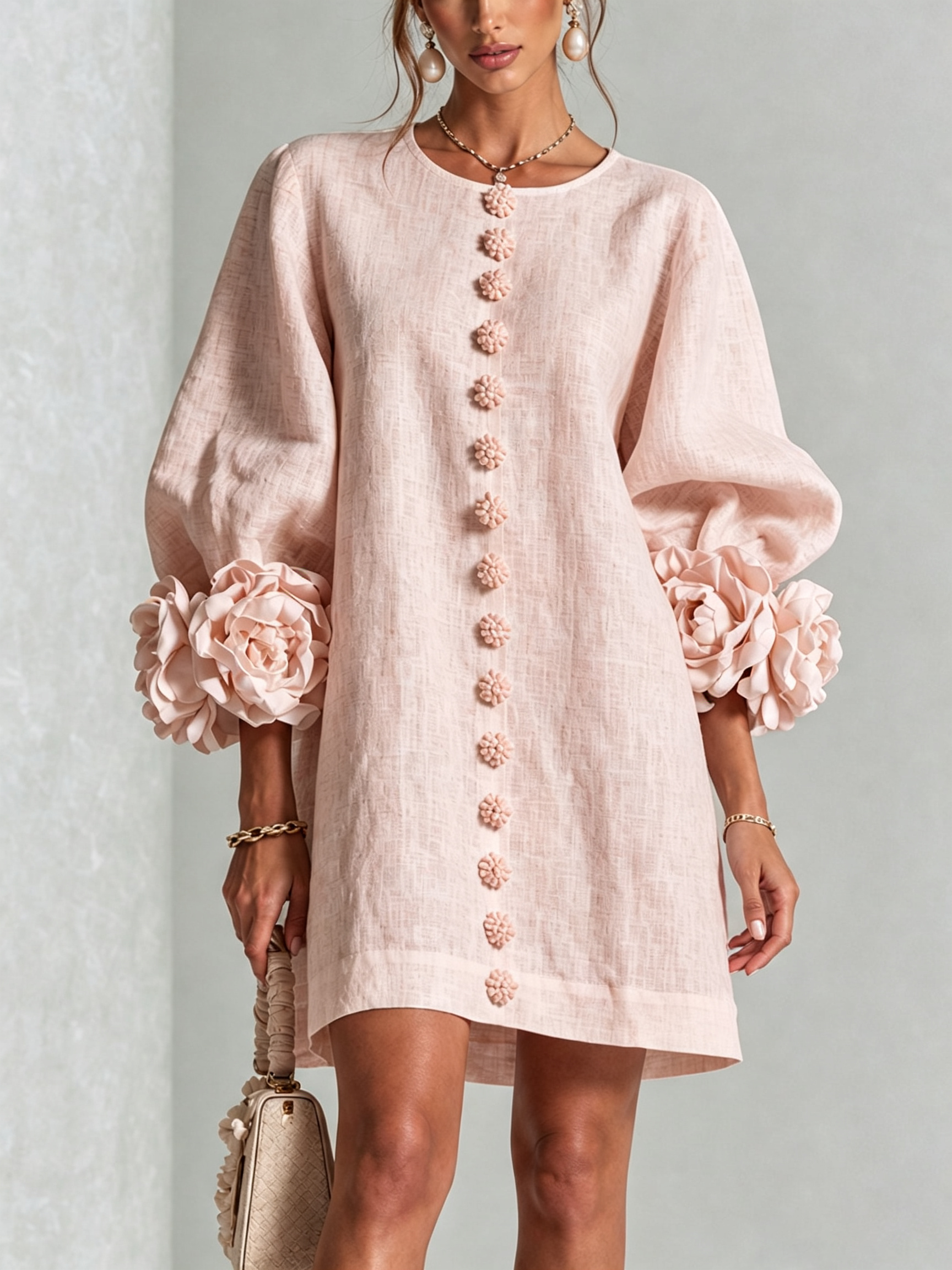 Feliza - White Mini Dress with Floral Buttons & Statement Sleeves