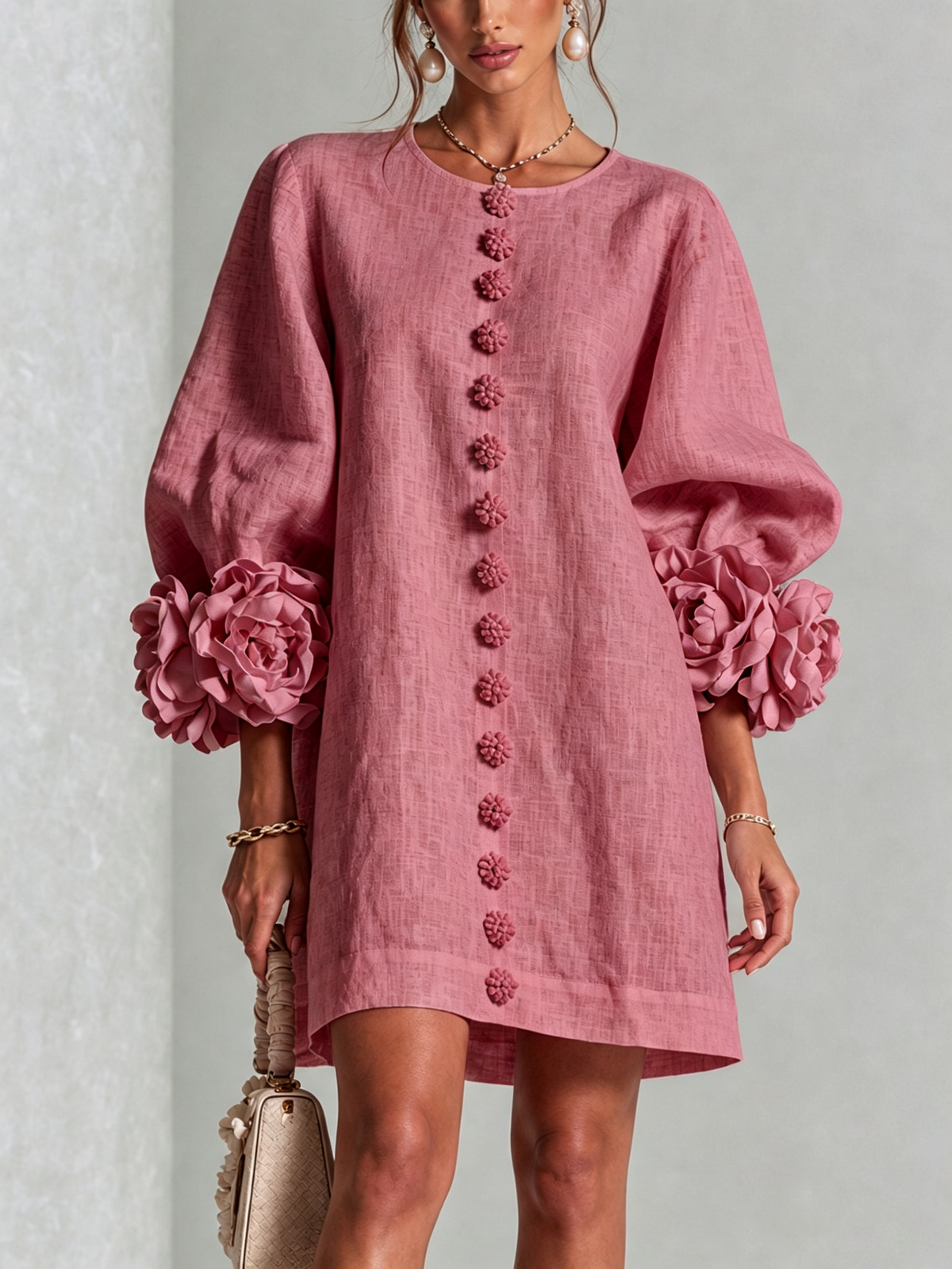 Genevieve – Dusty Rose Linen Blend Mini Dress with Rose Cuffs
