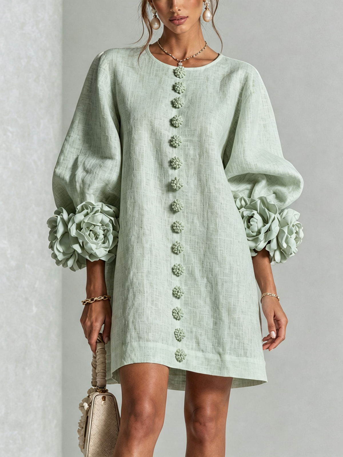 Mackenzie – Sage Green Linen Blend Mini Dress with Rose Cuffs