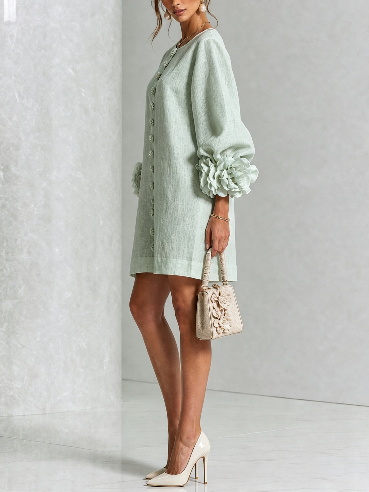 Mackenzie – Sage Green Linen Blend Mini Dress with Rose Cuffs