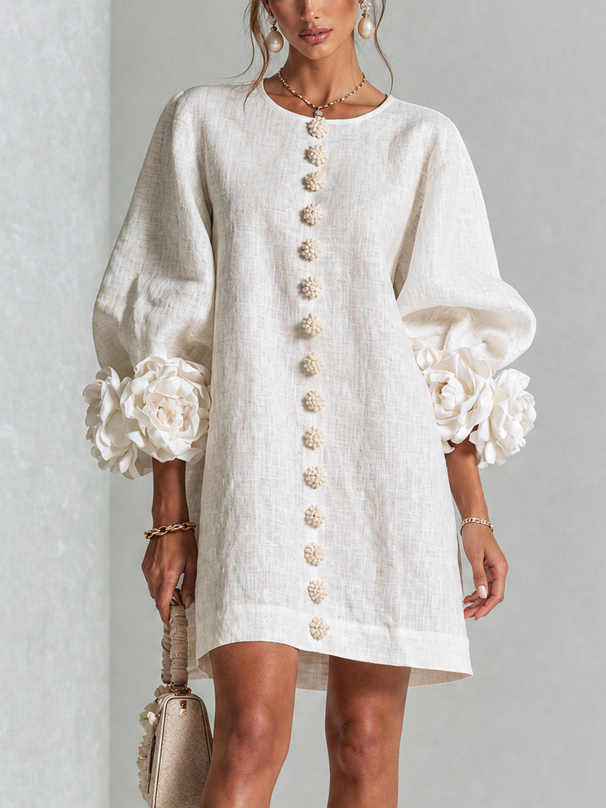 Feliza - White Mini Dress with Floral Buttons & Statement Sleeves