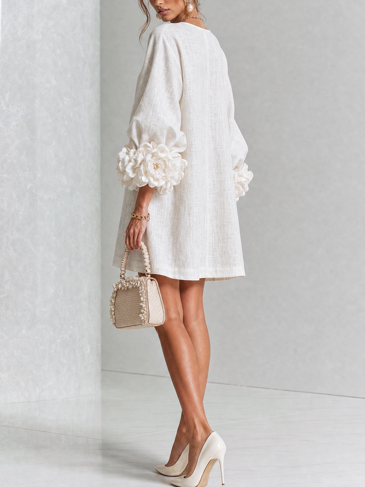 Feliza - White Mini Dress with Floral Buttons & Statement Sleeves