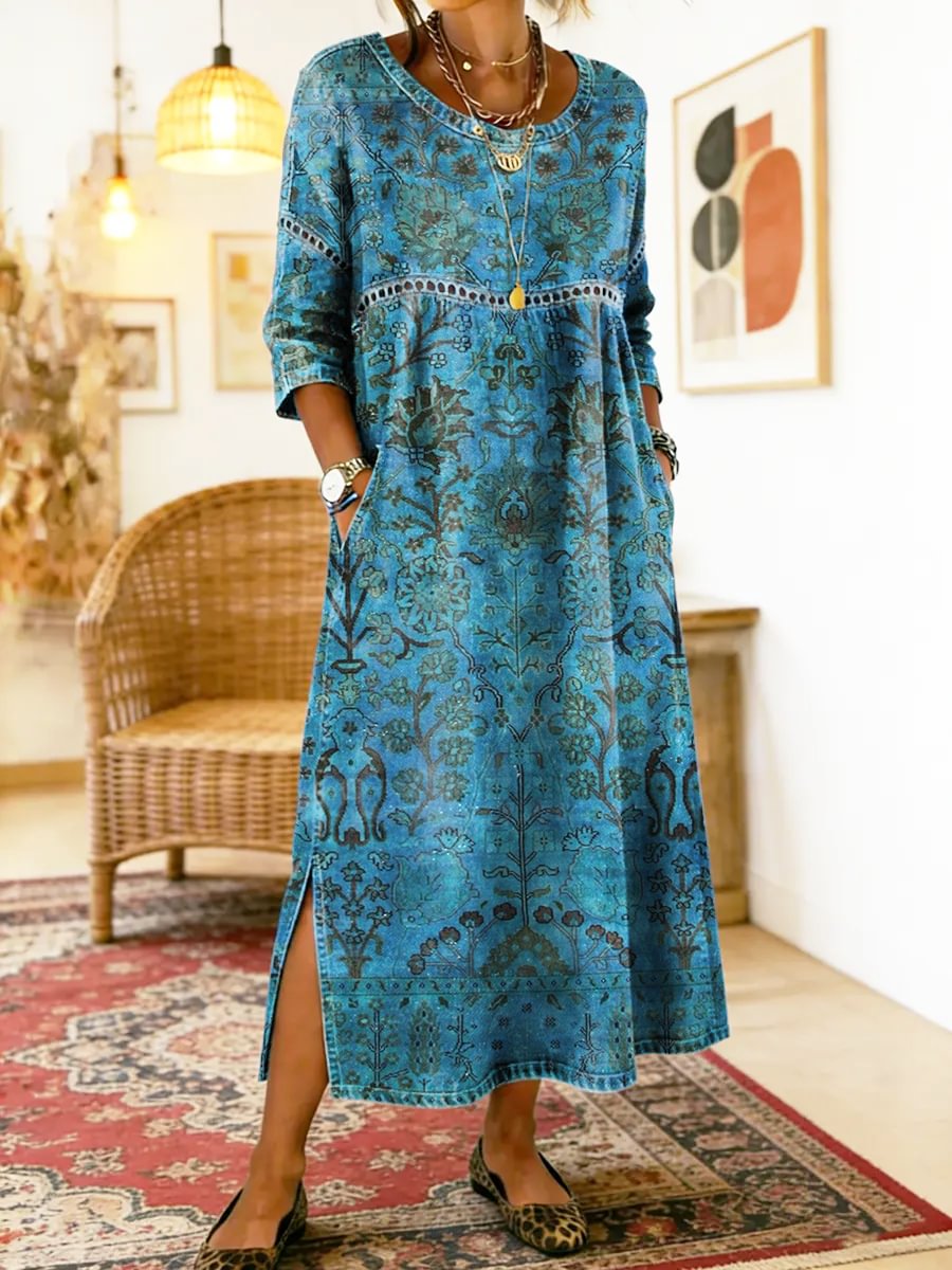 Lala - Blue Printed Dress with Ethnic Patchwork