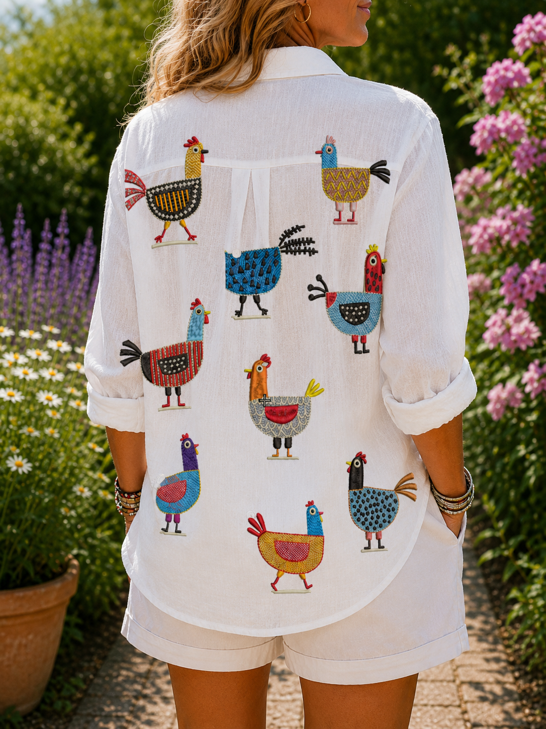 Vera - Playful Chicken Button-Up Blouse