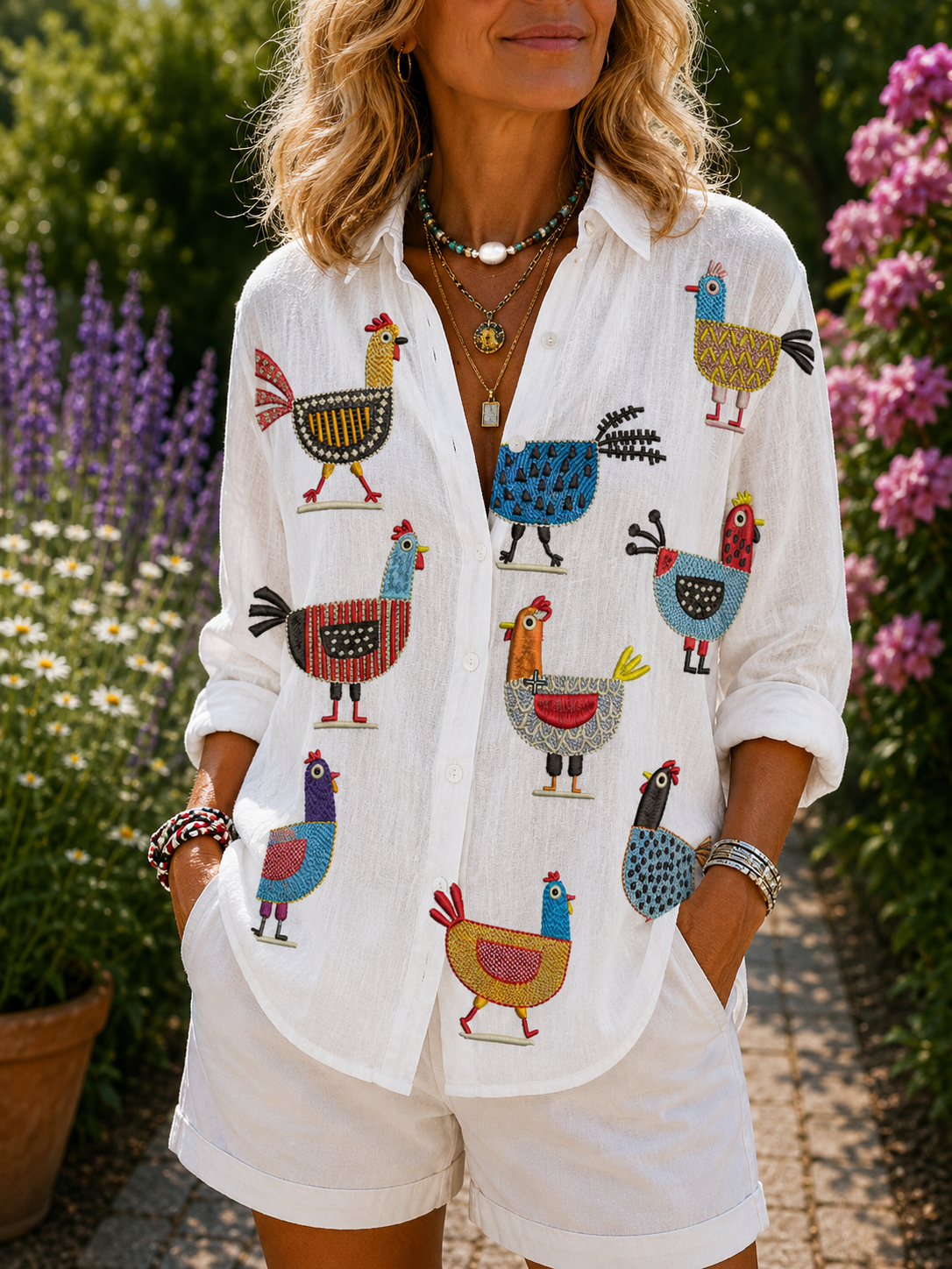 Vera - Playful Chicken Button-Up Blouse