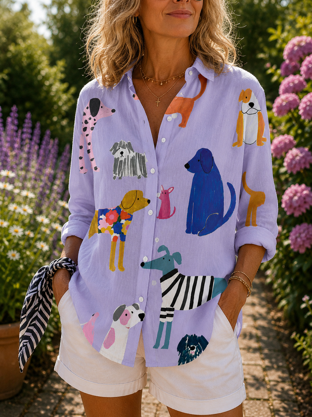 Biana - Playful Puppies Button-Up Blouse