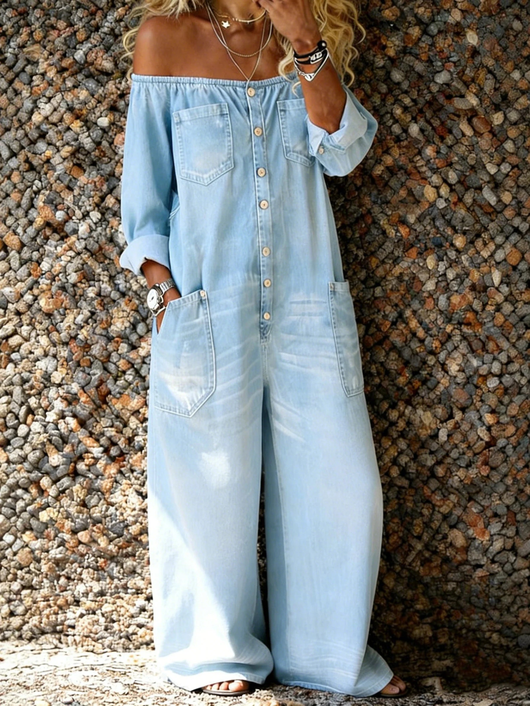 Lena – Off-Shoulder Denim Jumpsuit