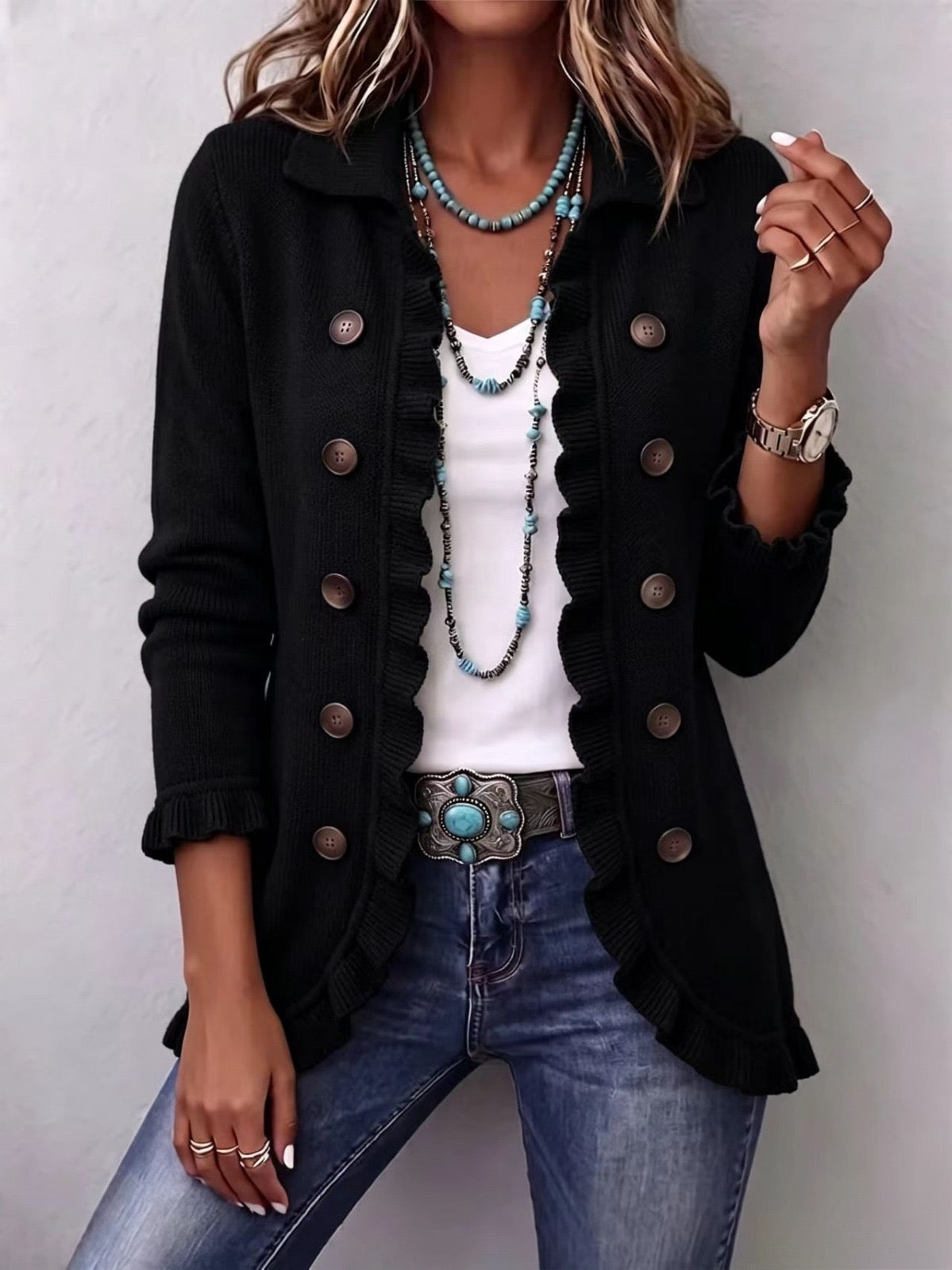 Diana – Jet Black Vintage-Inspired Frill Cardigan