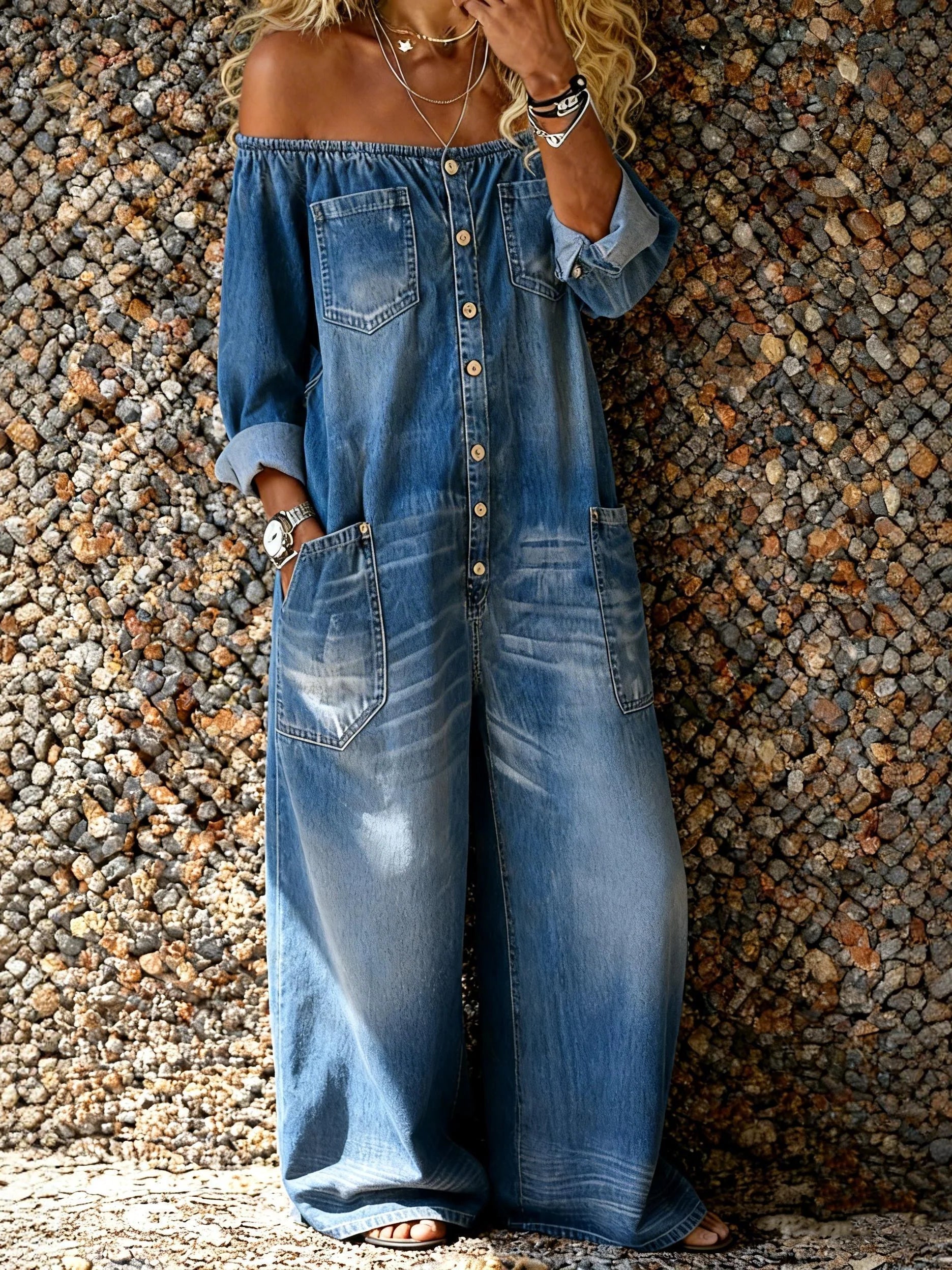 Lena – Off-Shoulder Denim Jumpsuit
