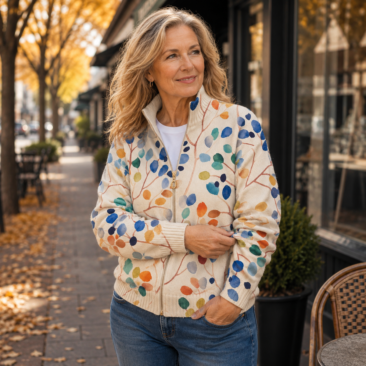 Amelie - Botanical Leaf Print Zip Cardigan